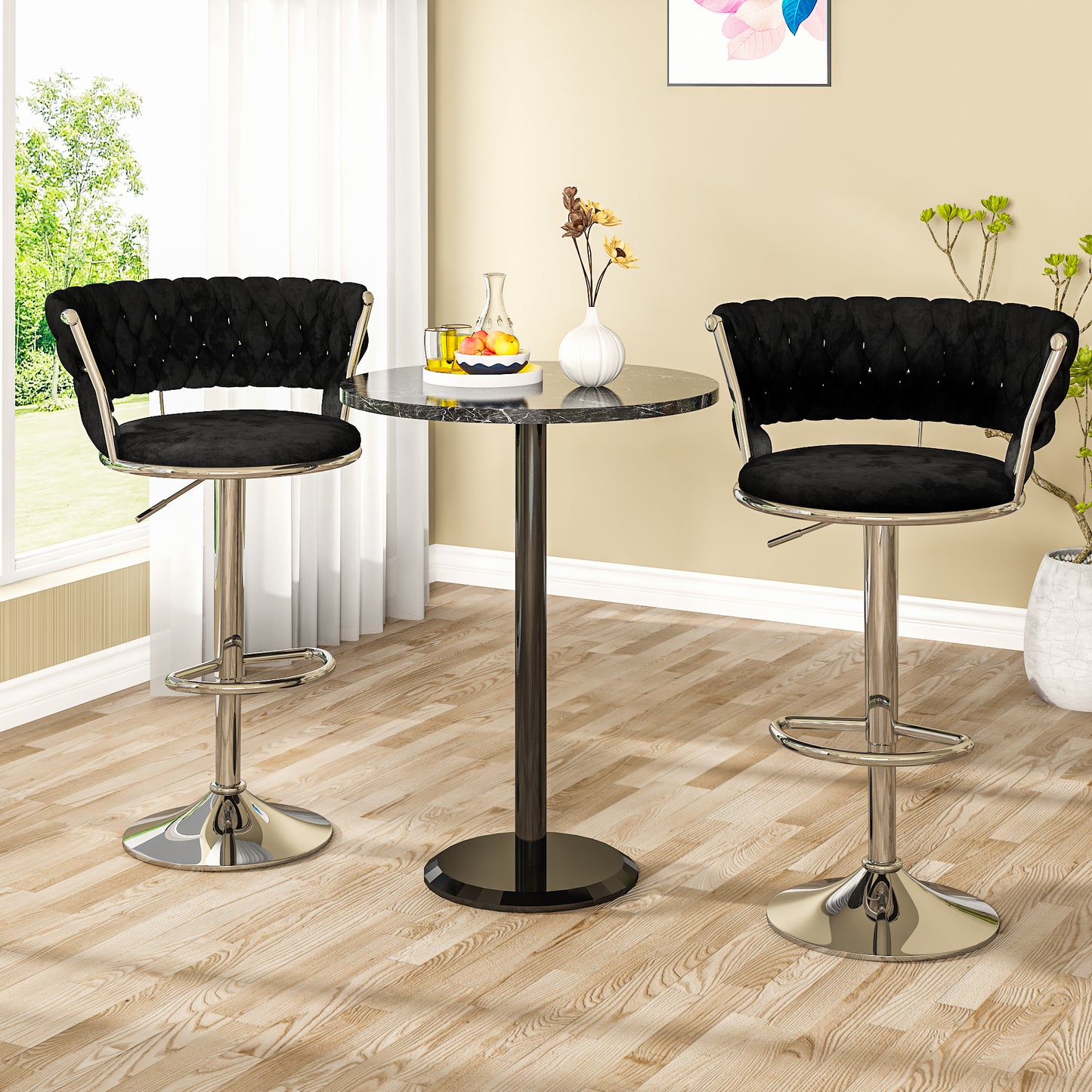 MIERES Backrest Hollow Bar Chair Set of 2/4, Adjustable Height Swivel Pub Chairs with Woven Back, Counter Height Dining Chairs with Footrest, 360° Rotating Kitchen Island Stools for Home & Bar