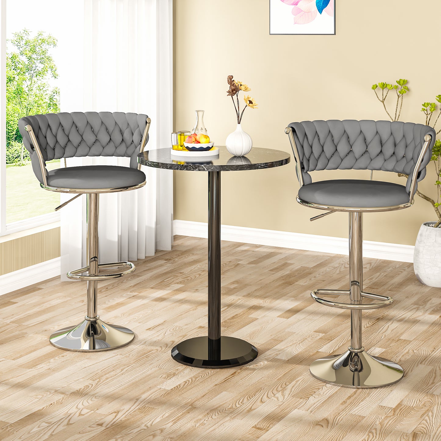 MIERES Backrest Hollow Bar Chair Set of 2/4, Adjustable Height Swivel Pub Chairs with Woven Back, Counter Height Dining Chairs with Footrest, 360° Rotating Kitchen Island Stools for Home & Bar