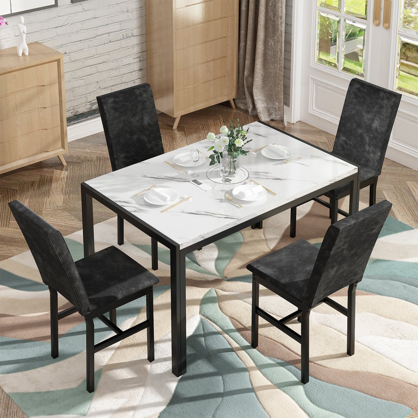 MIERES Products 5-Piece Marble Dining Set, Modern Kitchen Table and Chairs for Dining Room, Compact Space Saving Furniture, Dinette, 4 Upholstered Velvet Chairs