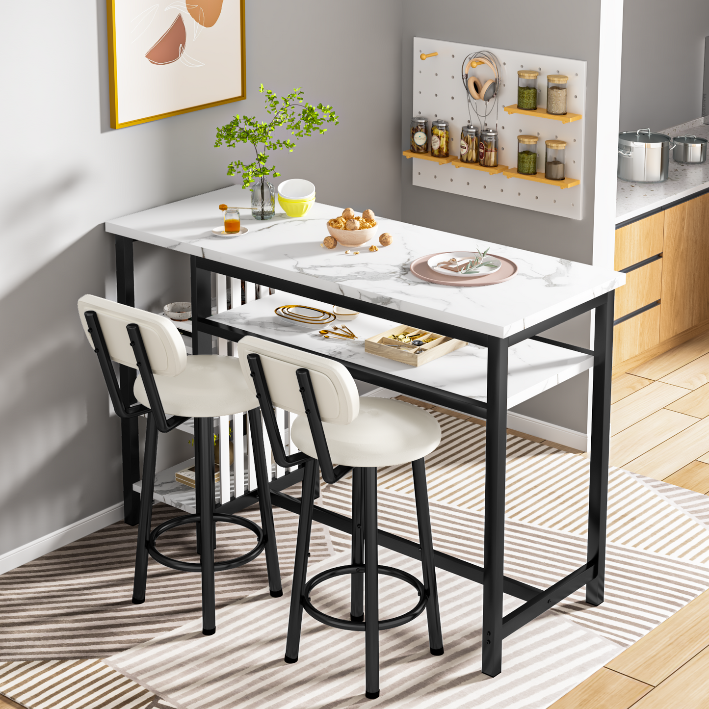 MIERES 3-Piece Bar Table and Chairs Set, Modern White Faux Marble Table with 2 PU Cushion Bar Stools, Kitchen Counter with 3 Tier Storage Shelves, Space Saving Table for Home & Kitchen, Black Frame