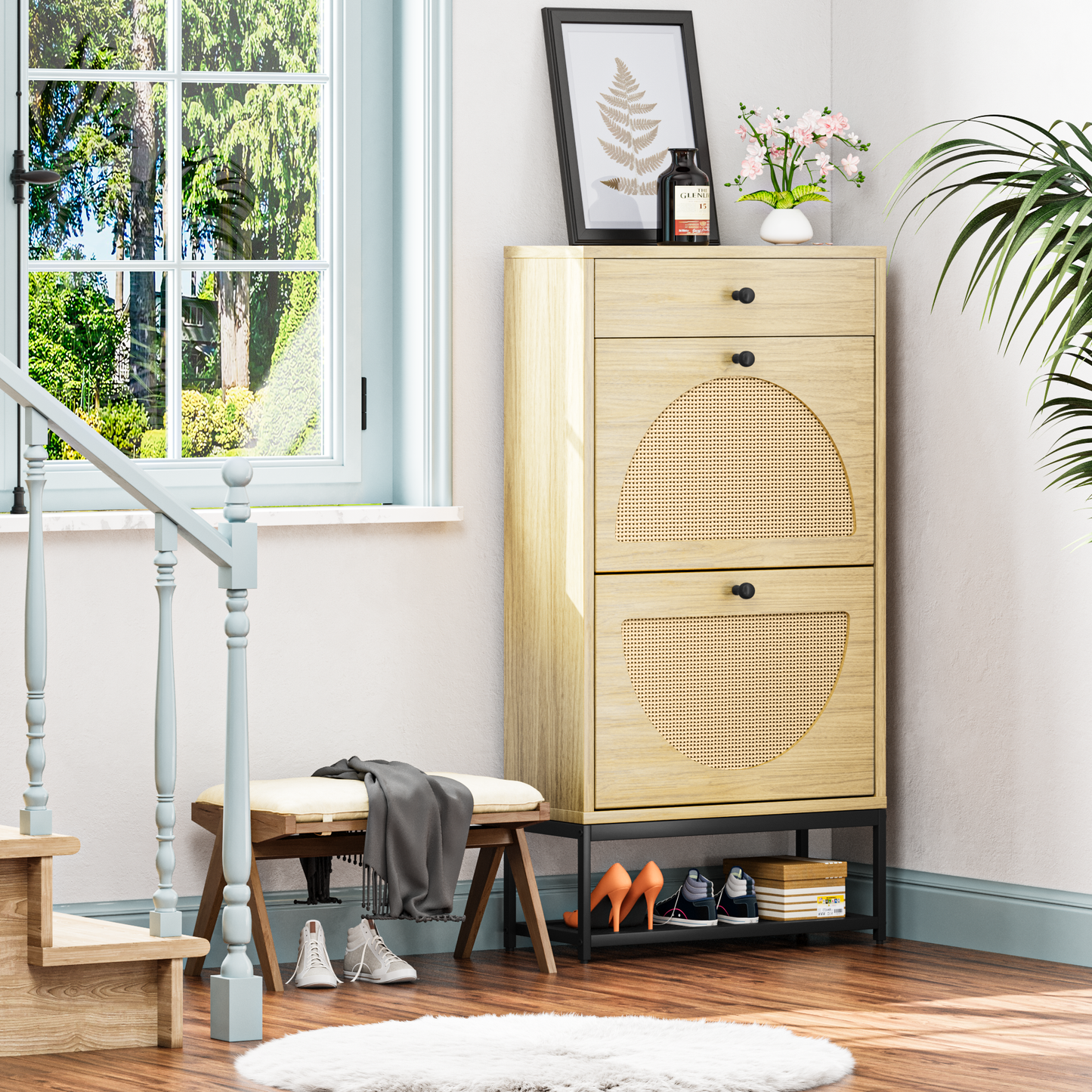 MIERES Natural Rattan Shoe Cabinet with 2 Flip Drawers and 1 Pull Drawer, Slim Shoe Storage Cabinet Entrance Hallway Free Standing Shoe Rack with Metal Frame for Sneaker, Sandal, Boot, Slipper