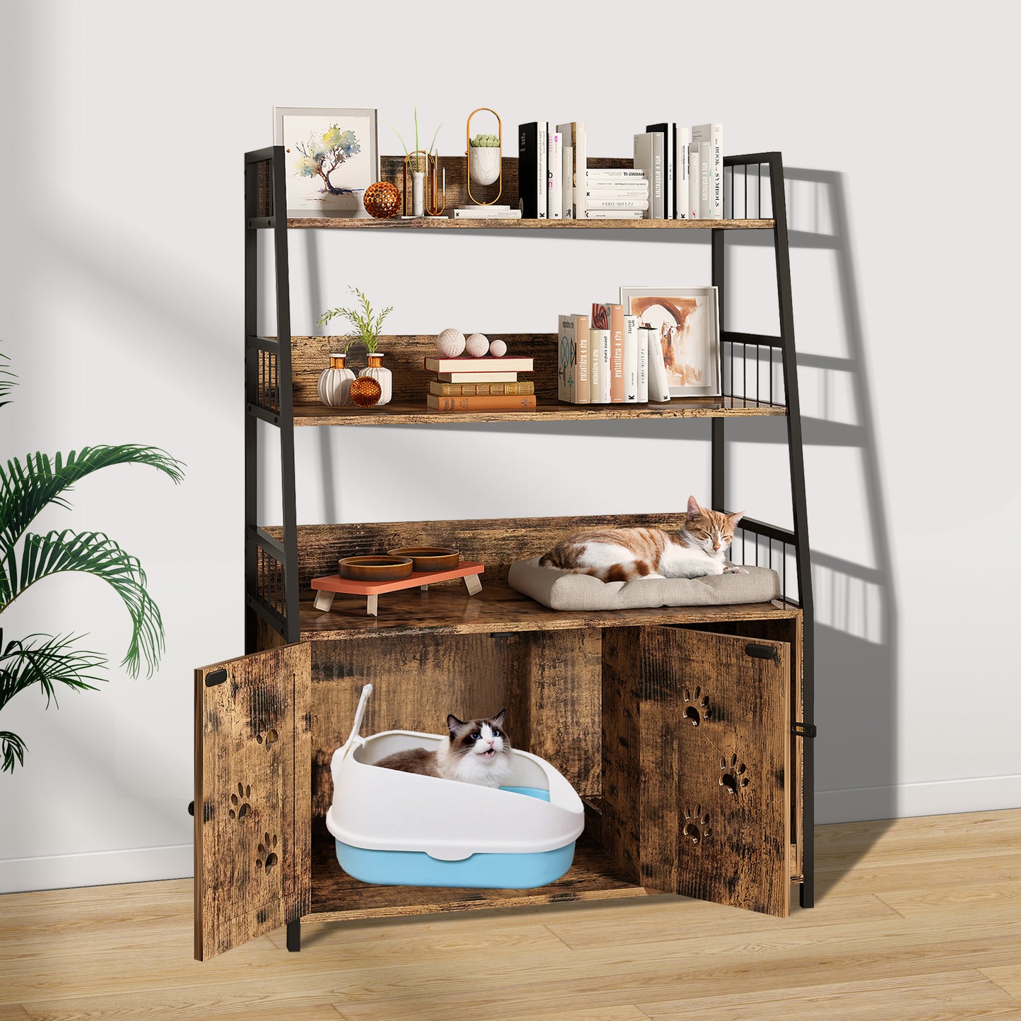 MIERES Large Cat Litter Box Enclosure with Shelf Storage, Hidden Cat Washroom Furniture, Wooden Cat House with Scratch Pad, Sturdy Indoor Cat Cabinet with 2 Doors, Rustic Brown