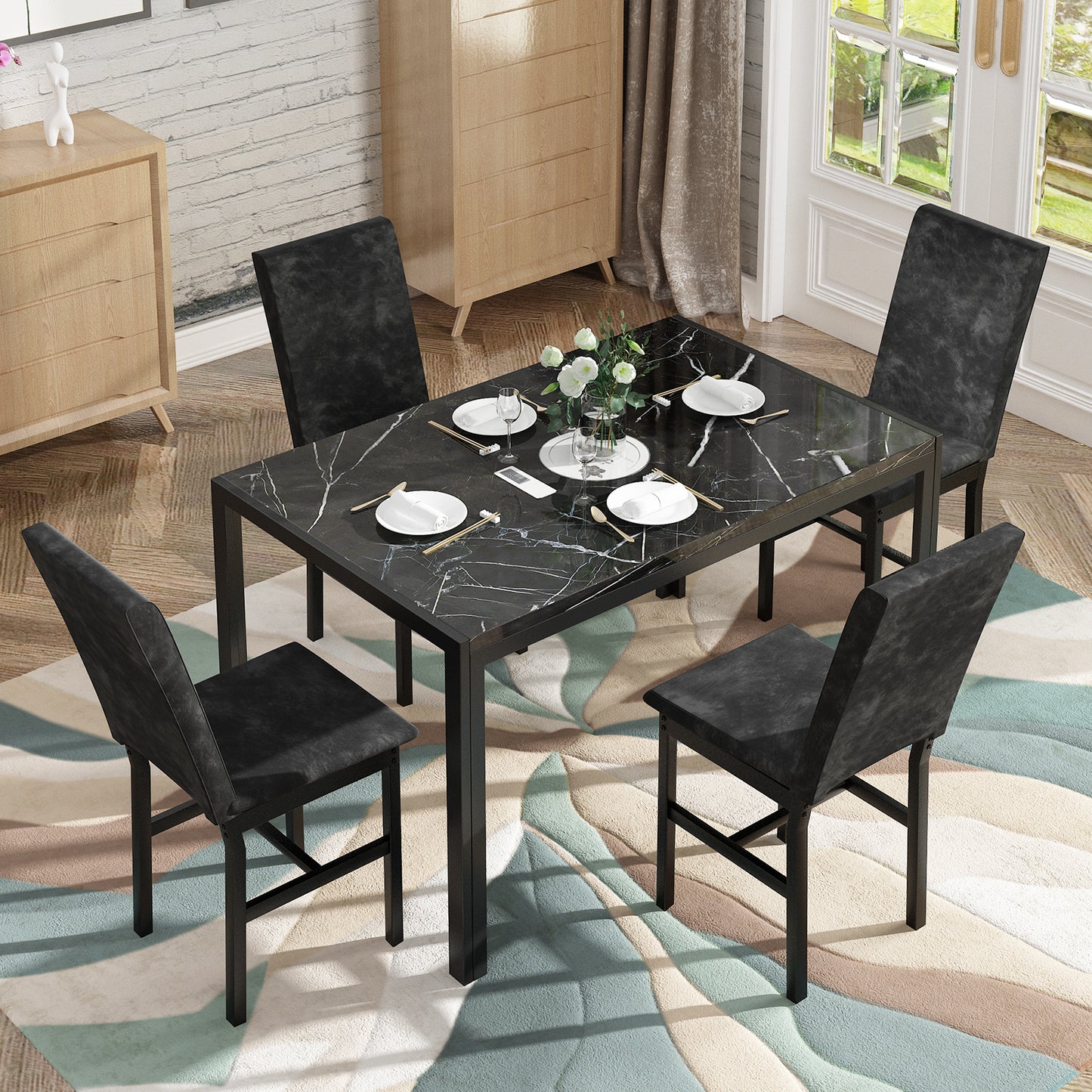 MIERES Products 5-Piece Marble Dining Set, Modern Kitchen Table and Chairs for Dining Room, Compact Space Saving Furniture, Dinette, 4 Upholstered Velvet Chairs