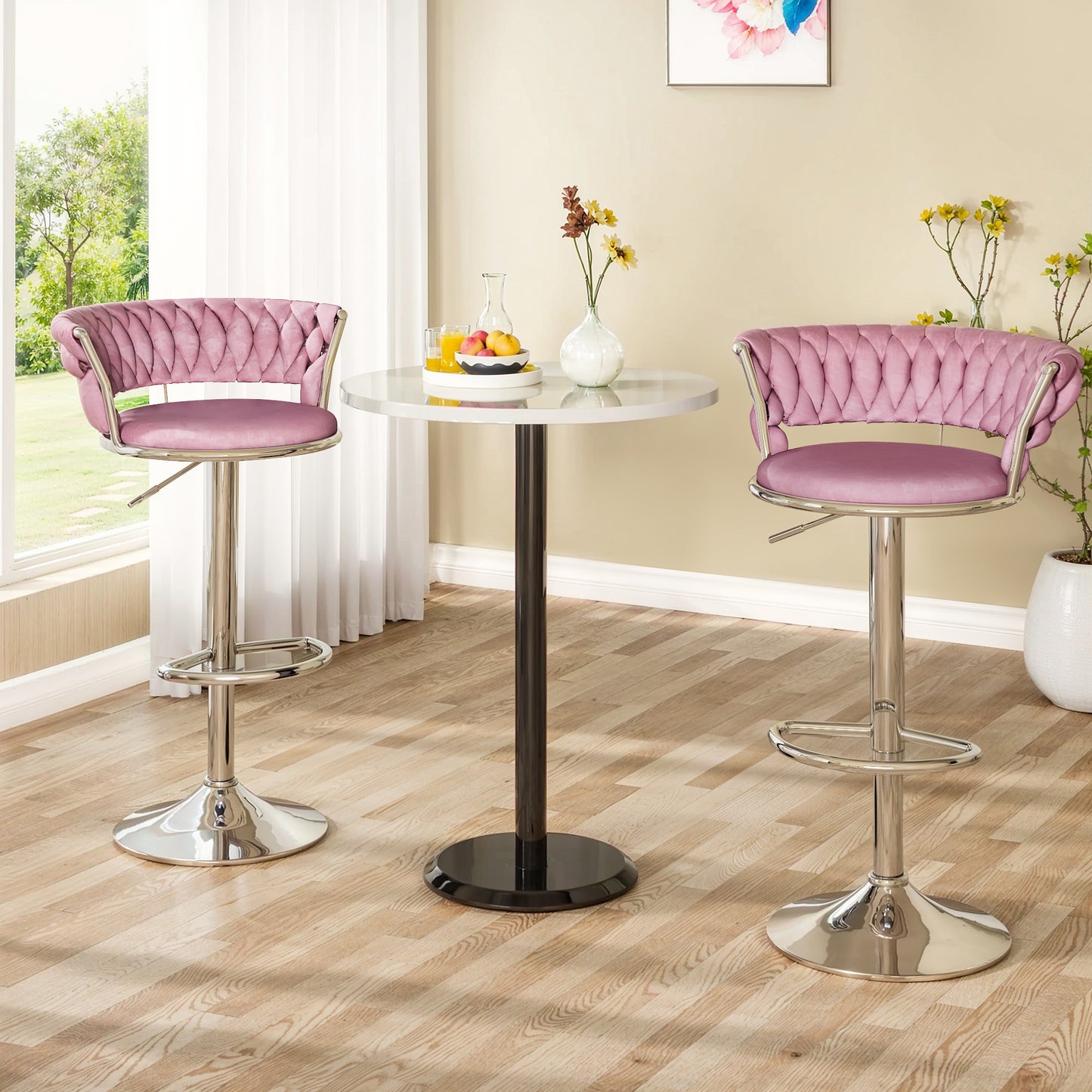 MIERES Backrest Hollow Bar Chair Set of 2/4, Adjustable Height Swivel Pub Chairs with Woven Back, Counter Height Dining Chairs with Footrest, 360° Rotating Kitchen Island Stools for Home & Bar