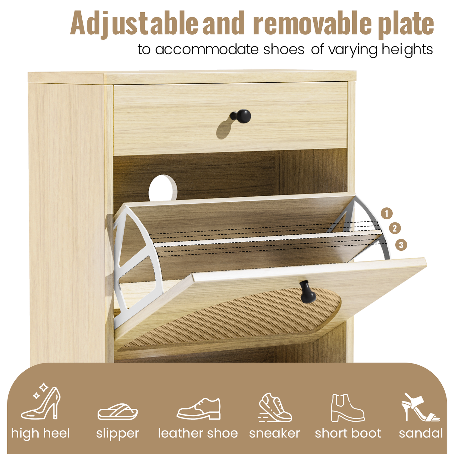 MIERES Natural Rattan Shoe Cabinet with 2 Flip Drawers and 1 Pull Drawer, Slim Shoe Storage Cabinet Entrance Hallway Free Standing Shoe Rack with Metal Frame for Sneaker, Sandal, Boot, Slipper