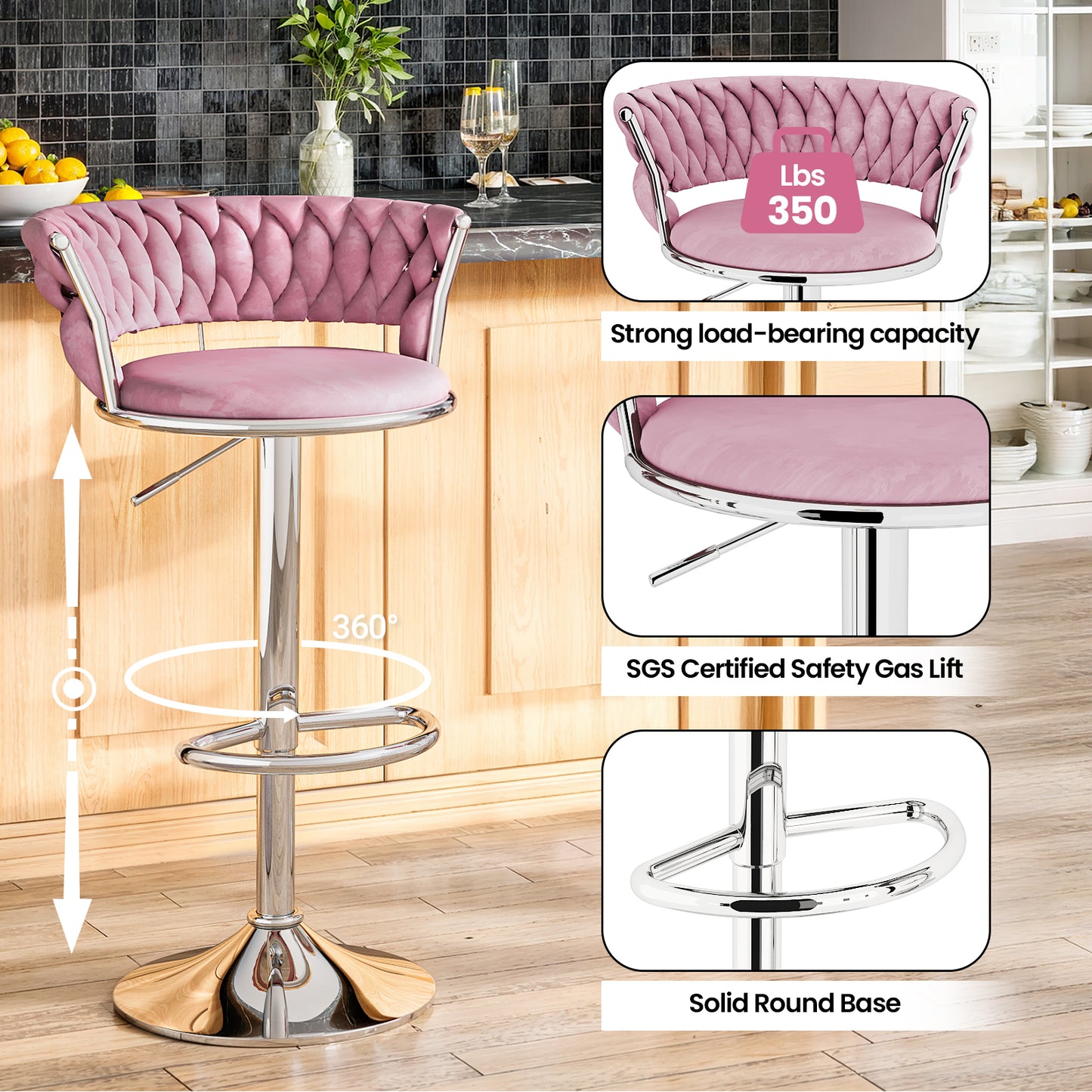 MIERES Backrest Hollow Bar Chair Set of 2/4, Adjustable Height Swivel Pub Chairs with Woven Back, Counter Height Dining Chairs with Footrest, 360° Rotating Kitchen Island Stools for Home & Bar