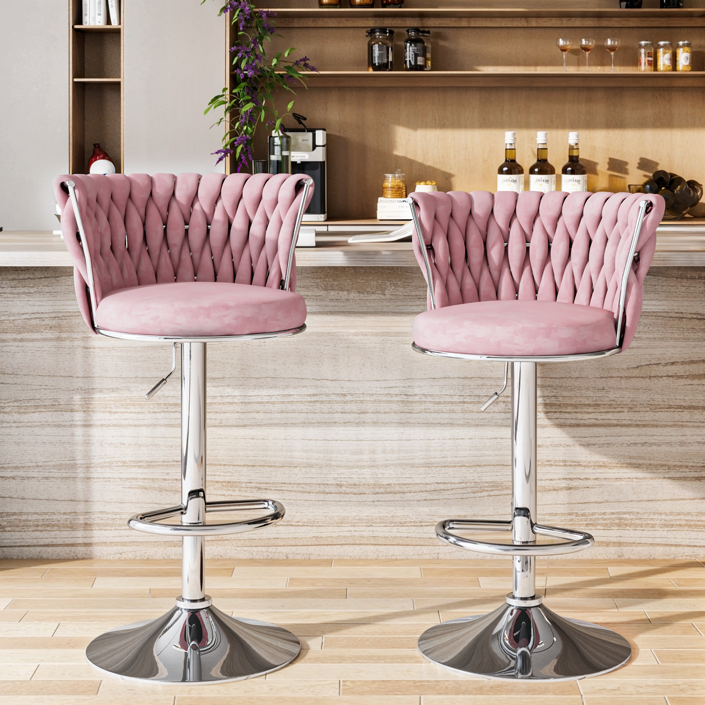 Mieres Velvet Bar Stools Set of 2/4, Adjustable Height Swivel Pub Chairs with Woven Back, Counter Height Dining Chairs with Footrest, 360° Rotating Kitchen Island Stools for Home & Bar