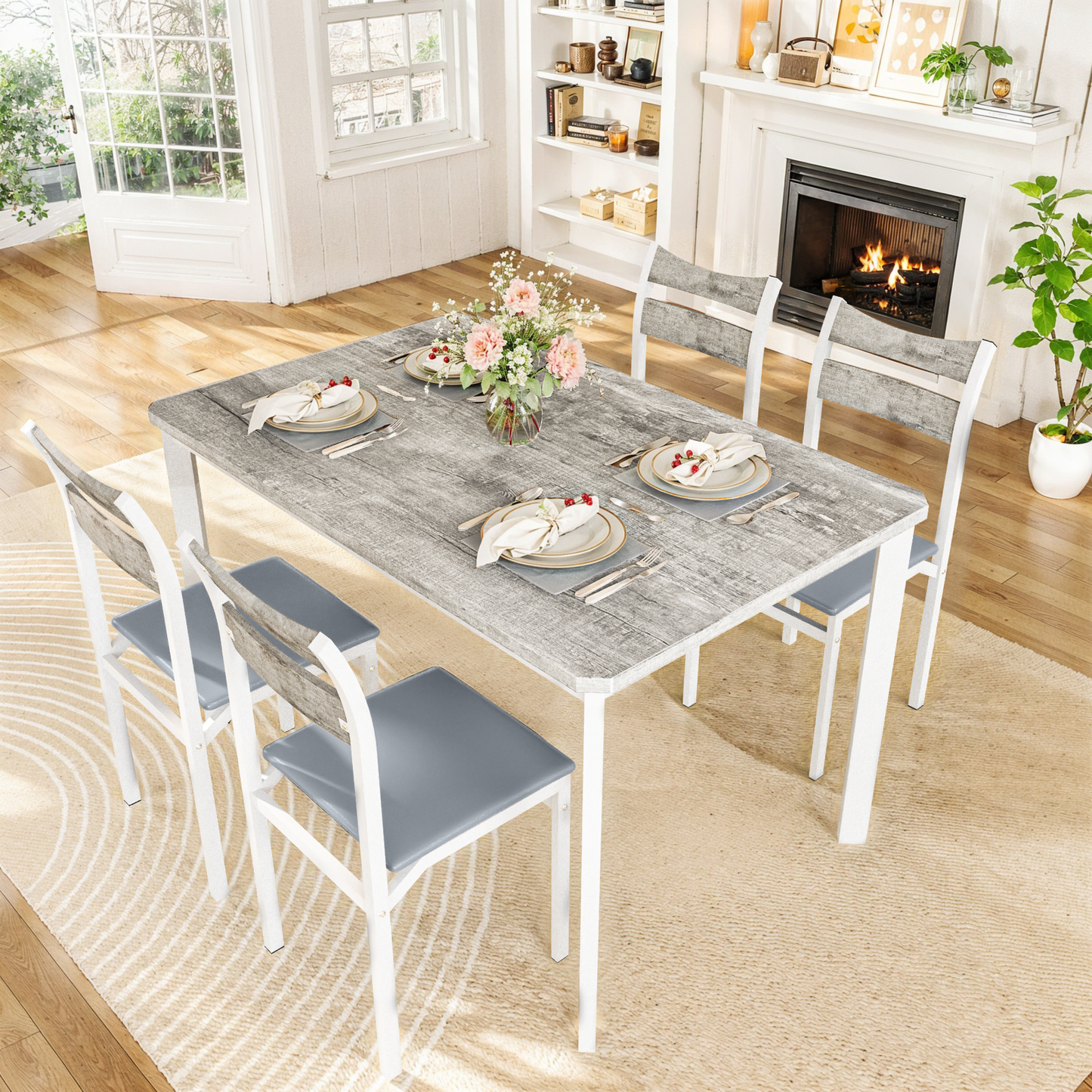 MIERES 5-Piece 4-Person Dining Set, Gray-White Wood-Grain Kitchen Dining Set with PU Leather Upholstered Chairs, Modern Wooden Kitchen Dining Set - Gray