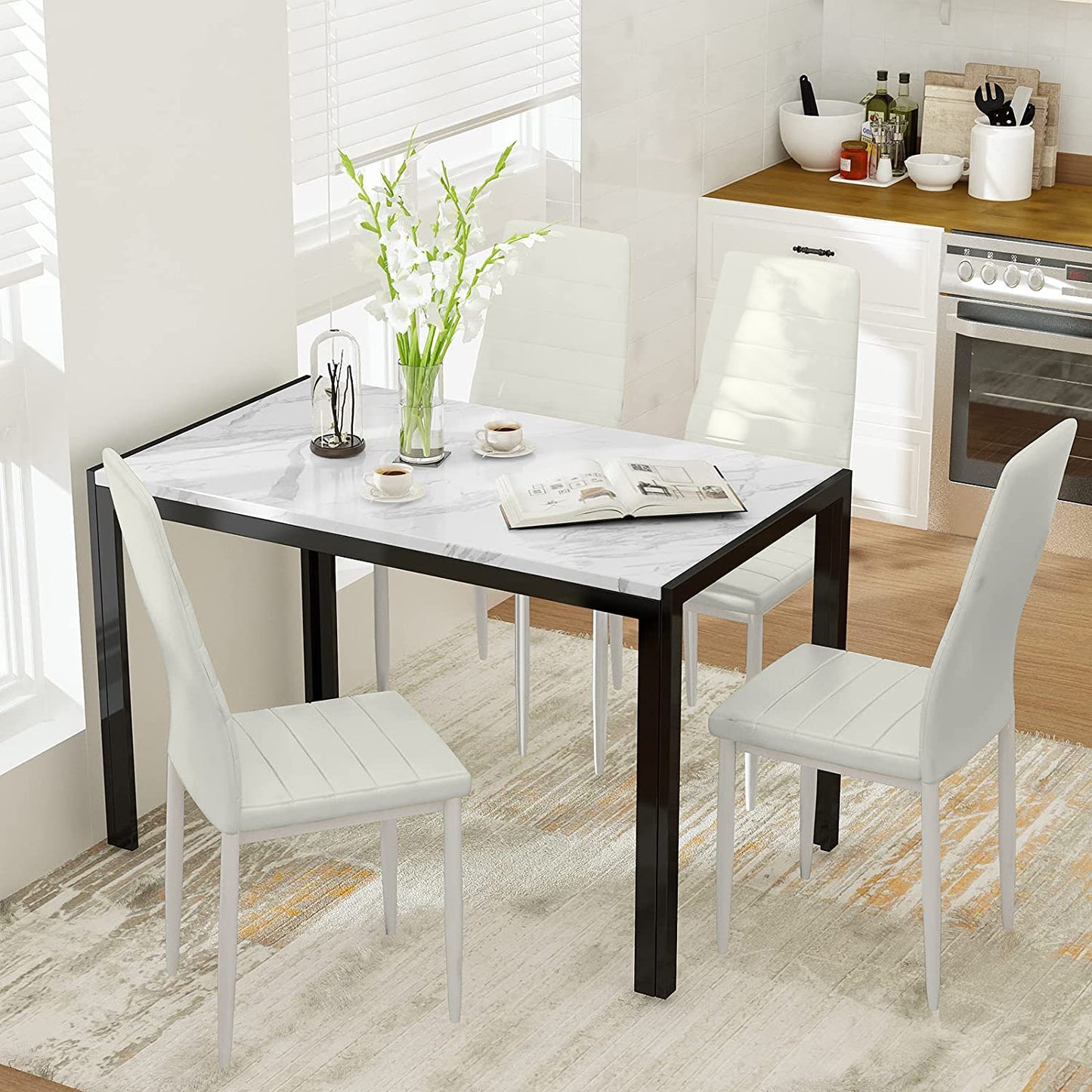 MIERES 4-Piece Dining Table Set for 4 - Faux Marble Kitchen Table with 4 PU Leather Chairs, Metal Frame, Easy Assembly, Small Space Friendly, Modern White & Black Dining Room Set