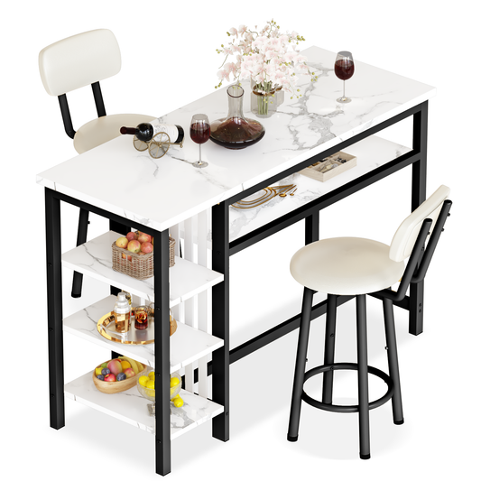 MIERES 3-Piece Bar Table and Chairs Set, Modern White Faux Marble Table with 2 PU Cushion Bar Stools, Kitchen Counter with 3 Tier Storage Shelves, Space Saving Table for Home & Kitchen, Black Frame