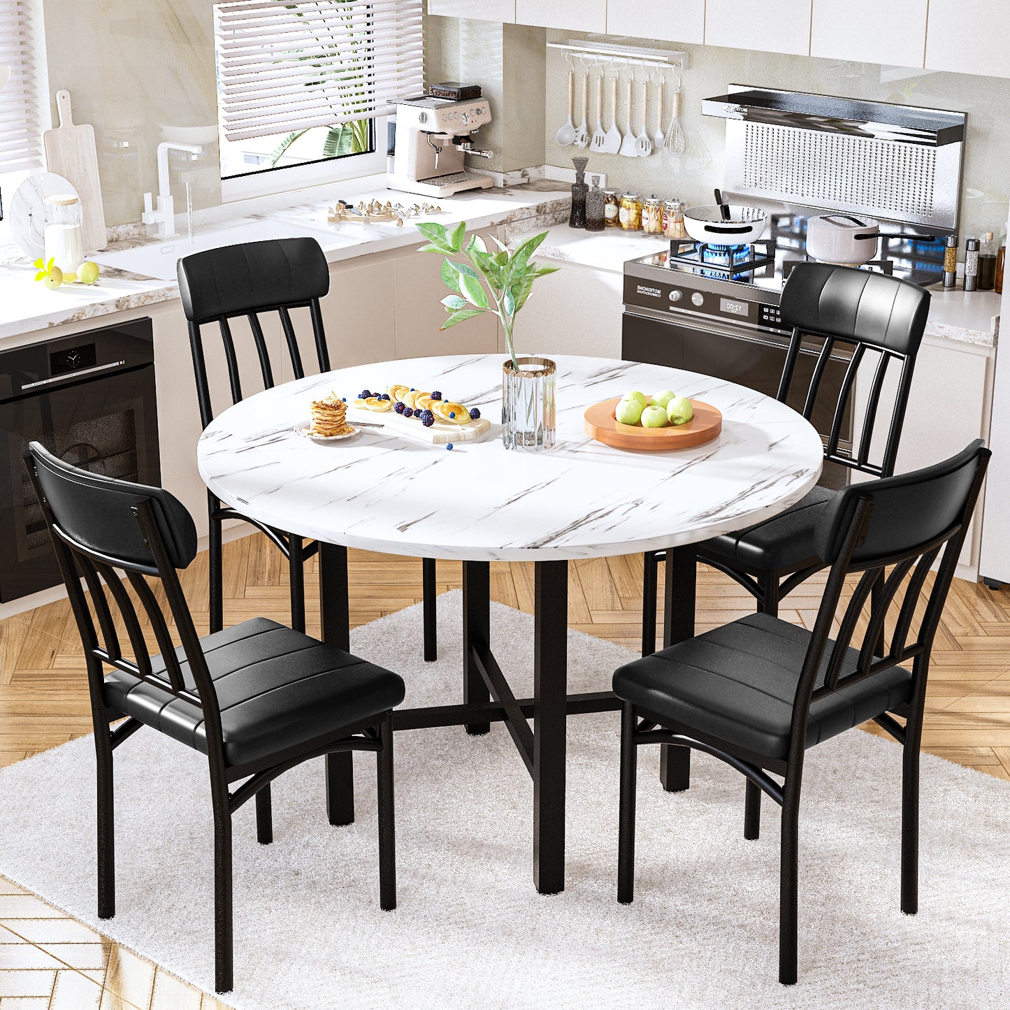 MIERES Round Dining Table Set for 4,Round Kitchen Table and Chairs Set for 4,Modern Dining Room Table Set with 4 Faux Leather Chairs,Round Dinner Table for Small Space,Walnut