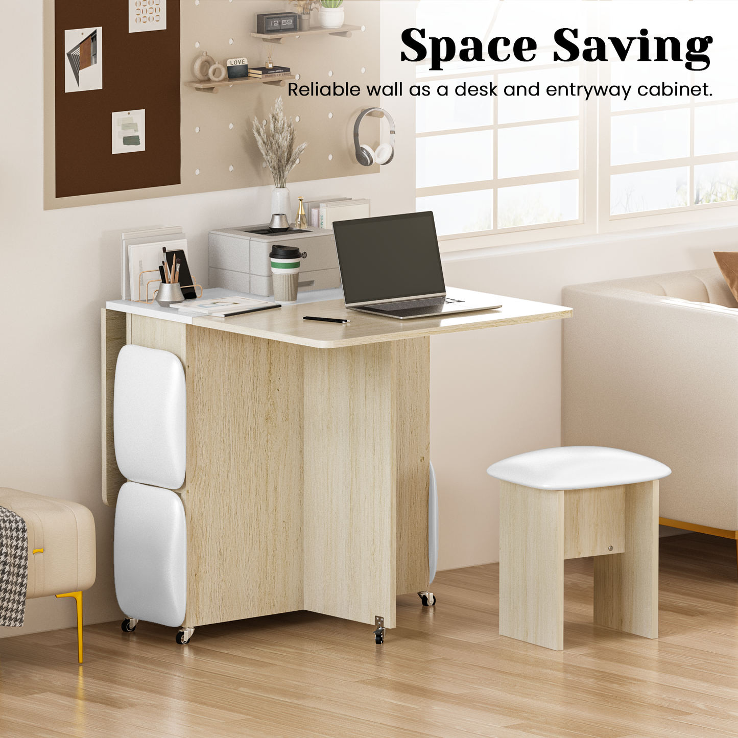 MIERES Folding Dining Table Set for 4, Dinner Table with 4 Leather Chairs and Shelves, Space Saving Foldable Dining Table with 6 Wheels, Kitchen Table Set for Small Spaces
