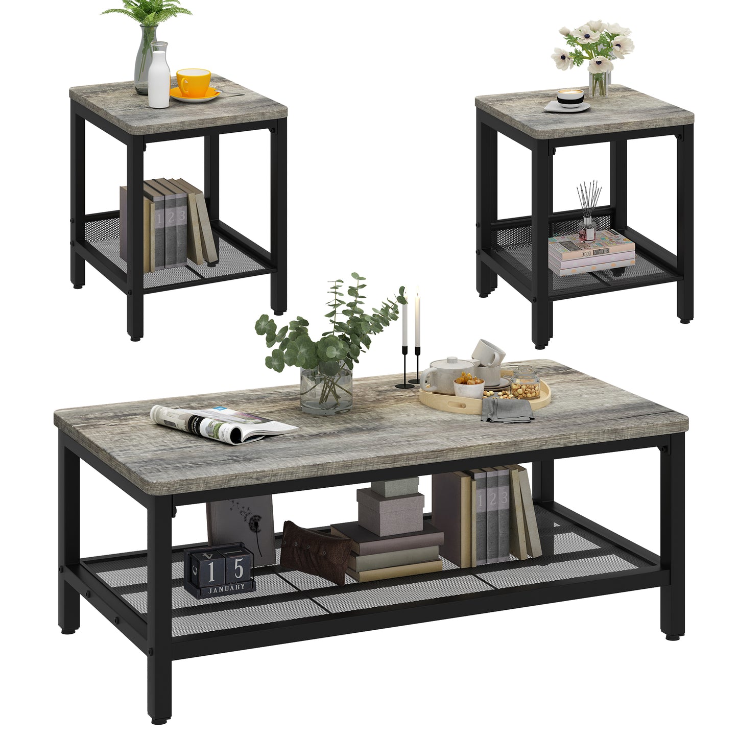 MIERES 3 Pieces Living Room Table Set,Industrial Coffee Table with 2 Square End Side Tables,Coffee Table Set with Metal Frame for Apartment Home Office