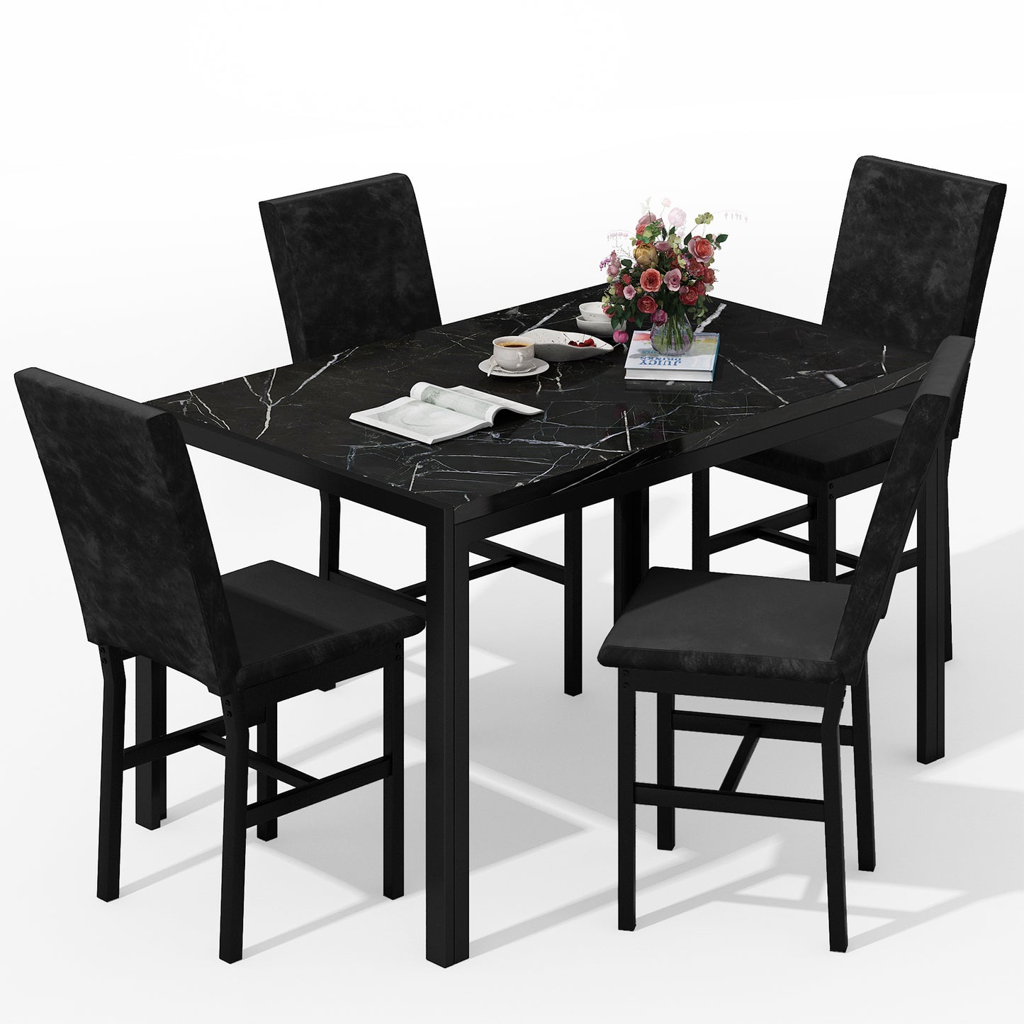 MIERES Products 5-Piece Marble Dining Set, Modern Kitchen Table and Chairs for Dining Room, Compact Space Saving Furniture, Dinette, 4 Upholstered Velvet Chairs