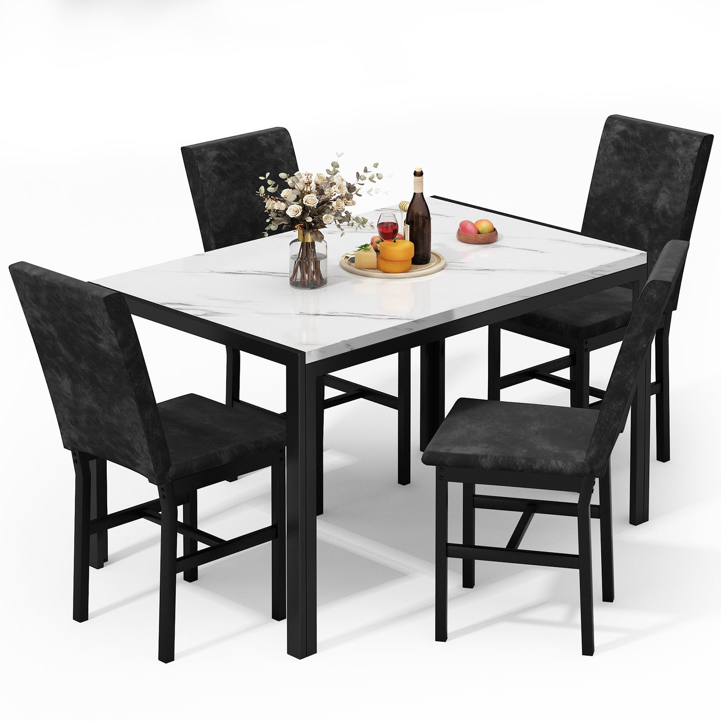 MIERES Products 5-Piece Marble Dining Set, Modern Kitchen Table and Chairs for Dining Room, Compact Space Saving Furniture, Dinette, 4 Upholstered Velvet Chairs