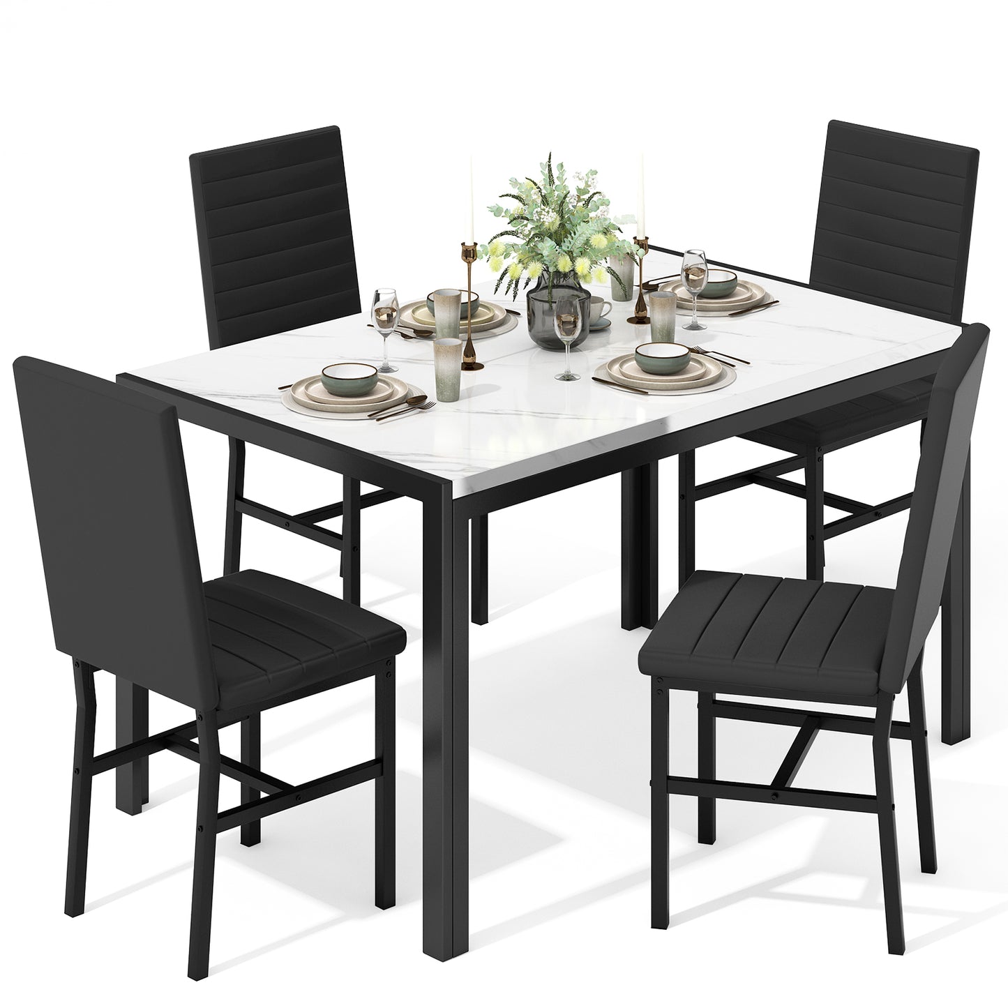MIERES 4-Piece Dining Table Set for 4 - Faux Marble Kitchen Table with 4 PU Leather Chairs, Metal Frame, Easy Assembly, Small Space Friendly, Modern White & Black Dining Room Set
