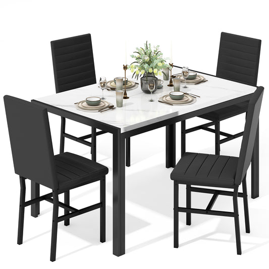 MIERES 4-Piece Dining Table Set for 4 - Faux Marble Kitchen Table with 4 PU Leather Chairs, Metal Frame, Easy Assembly, Small Space Friendly, Modern White & Black Dining Room Set