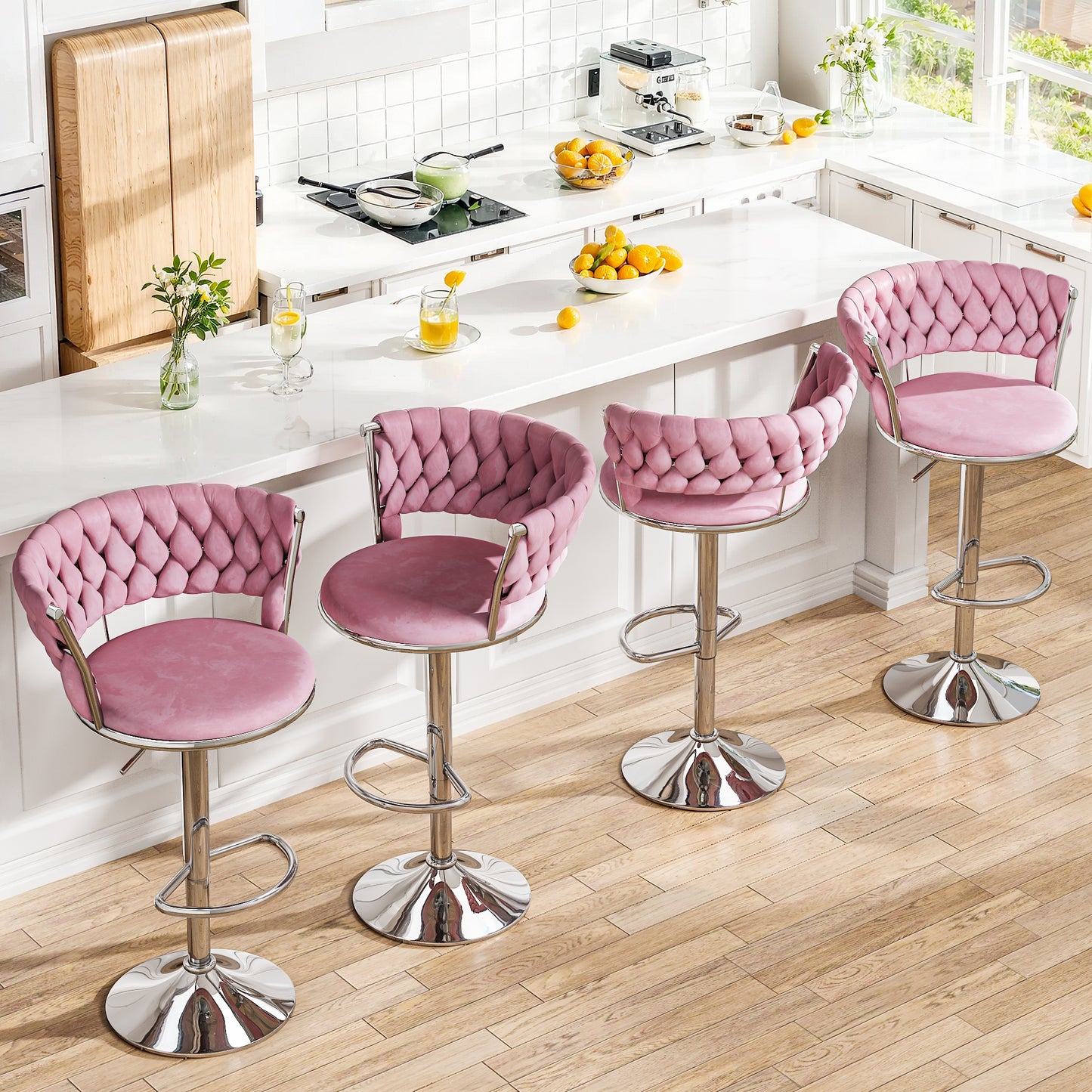 MIERES Backrest Hollow Bar Chair Set of 2/4, Adjustable Height Swivel Pub Chairs with Woven Back, Counter Height Dining Chairs with Footrest, 360° Rotating Kitchen Island Stools for Home & Bar