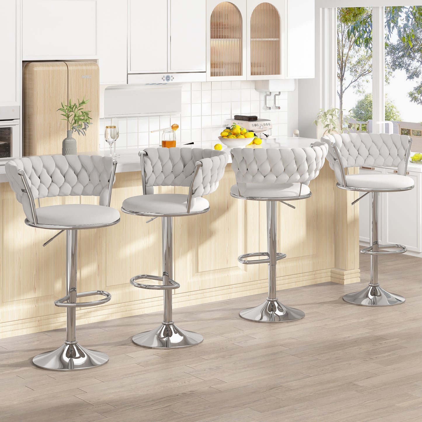 MIERES Backrest Hollow Bar Chair Set of 2/4, Adjustable Height Swivel Pub Chairs with Woven Back, Counter Height Dining Chairs with Footrest, 360° Rotating Kitchen Island Stools for Home & Bar