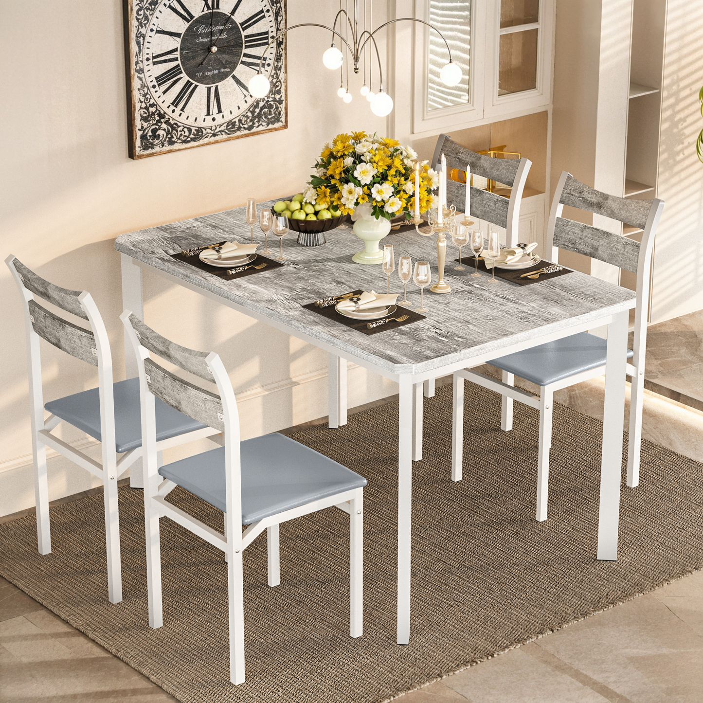 MIERES 5-Piece 4-Person Dining Set, Gray-White Wood-Grain Kitchen Dining Set with PU Leather Upholstered Chairs, Modern Wooden Kitchen Dining Set - Gray