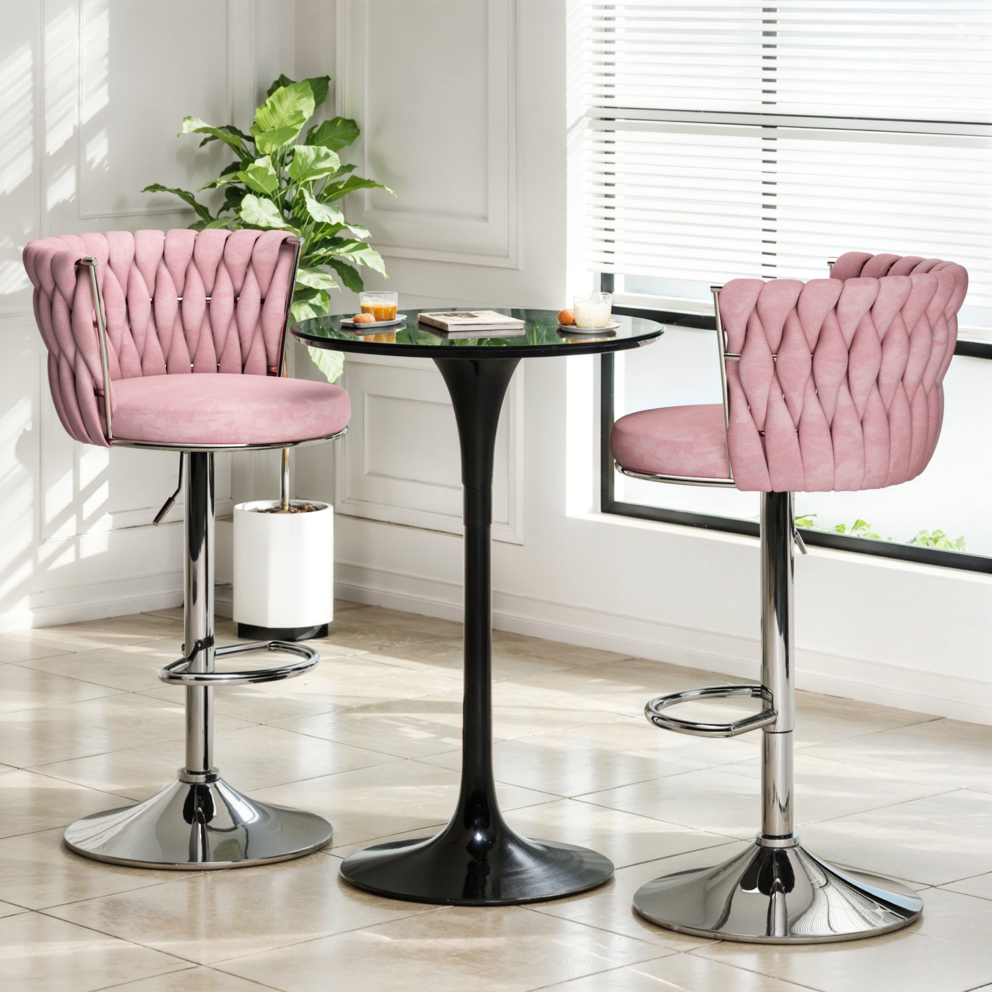 Mieres Velvet Bar Stools Set of 2/4, Adjustable Height Swivel Pub Chairs with Woven Back, Counter Height Dining Chairs with Footrest, 360° Rotating Kitchen Island Stools for Home & Bar