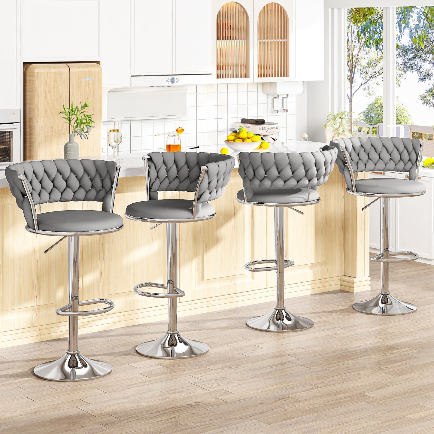 MIERES Backrest Hollow Bar Chair Set of 2/4, Adjustable Height Swivel Pub Chairs with Woven Back, Counter Height Dining Chairs with Footrest, 360° Rotating Kitchen Island Stools for Home & Bar