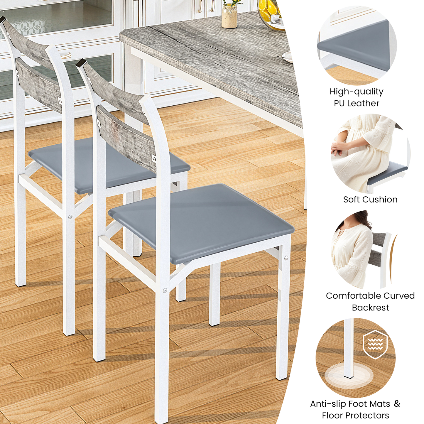 MIERES 5-Piece 4-Person Dining Set, Gray-White Wood-Grain Kitchen Dining Set with PU Leather Upholstered Chairs, Modern Wooden Kitchen Dining Set - Gray