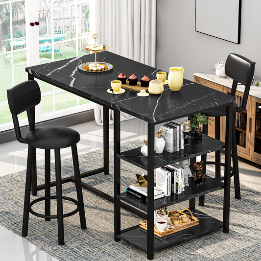 MIERES 2-Person Dining Set, 3-Piece Bar Table and Chair Set, Kitchen Counter-Height Dining Table Set, Compact Kitchen Dining Table with Storage, Small Space Breakfast Set