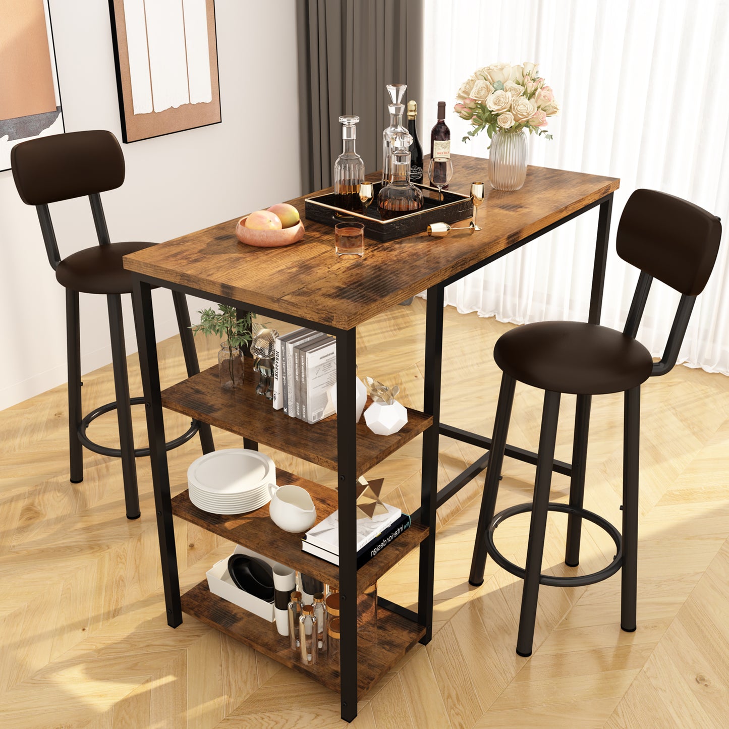 MIERES 2-Person Dining Set, 3-Piece Bar Table and Chair Set, Kitchen Counter-Height Dining Table Set, Compact Kitchen Dining Table with Storage, Small Space Breakfast Set