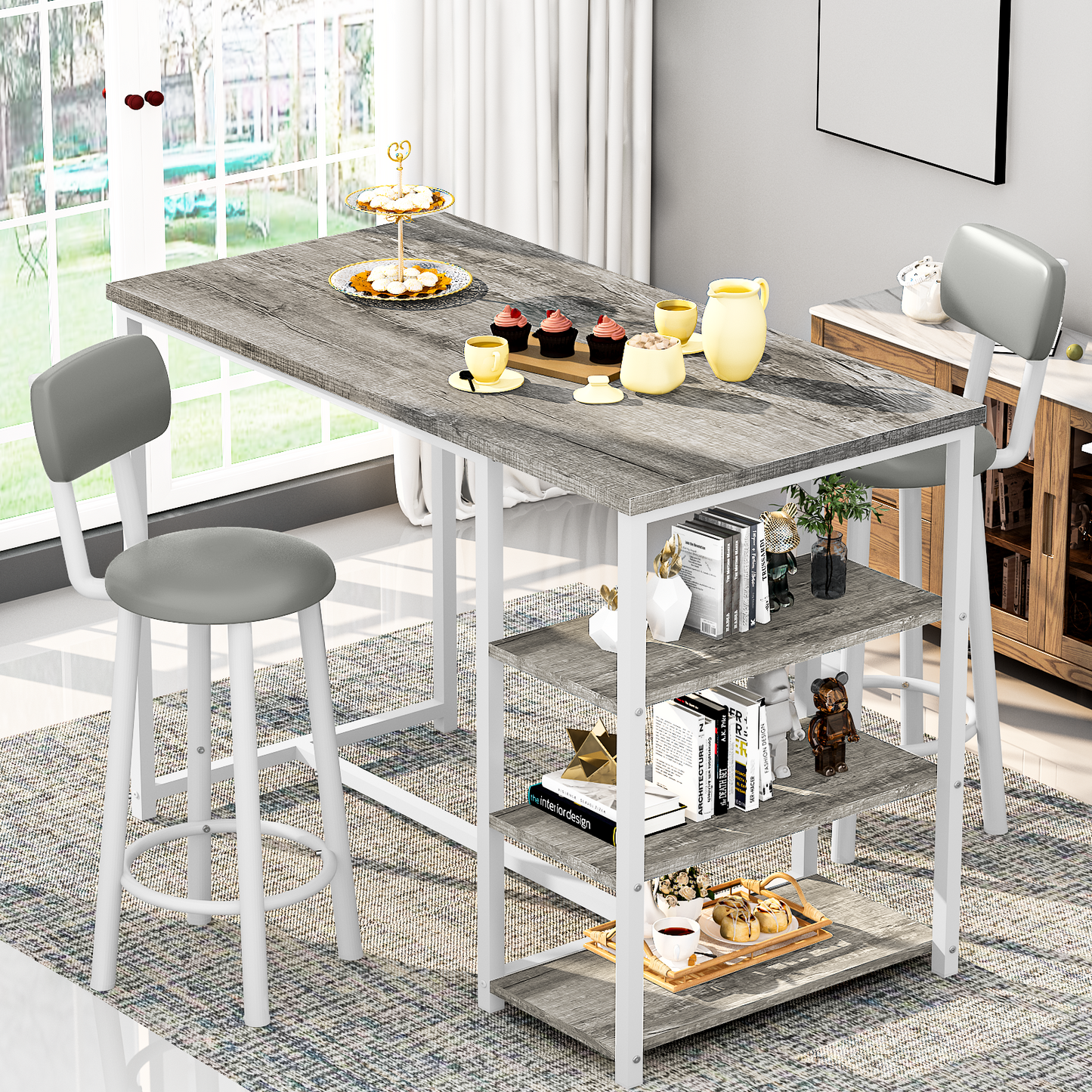 MIERES 2-Person Dining Set, 3-Piece Bar Table and Chair Set, Kitchen Counter-Height Dining Table Set, Compact Kitchen Dining Table with Storage, Small Space Breakfast Set