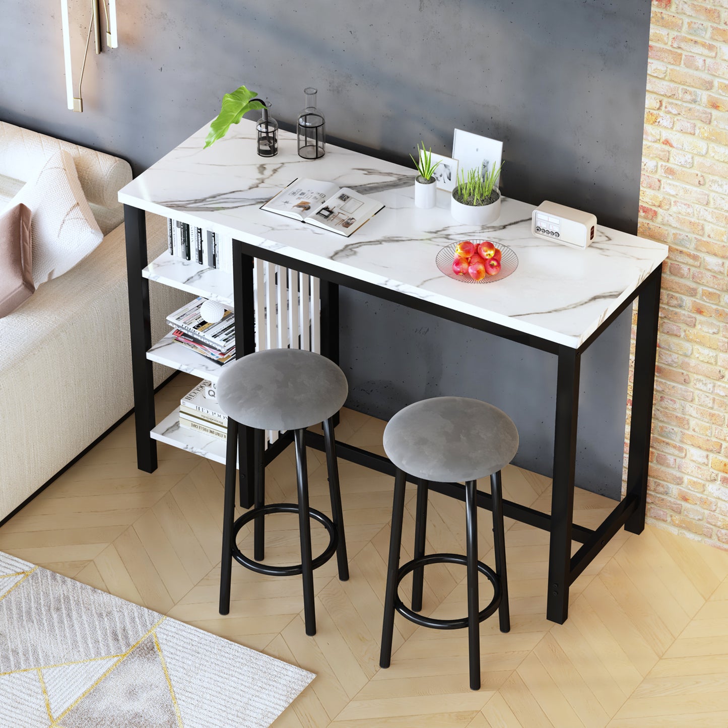 MIERES Bar Table Set with Storage Shelves, 47" Modern White Faux Marble Breakfast Table with 2 Velvet Stools, 3-Piece Dining Set for 2, Space Saving Table for Kitchen/Dining Room/Living Room/Studio