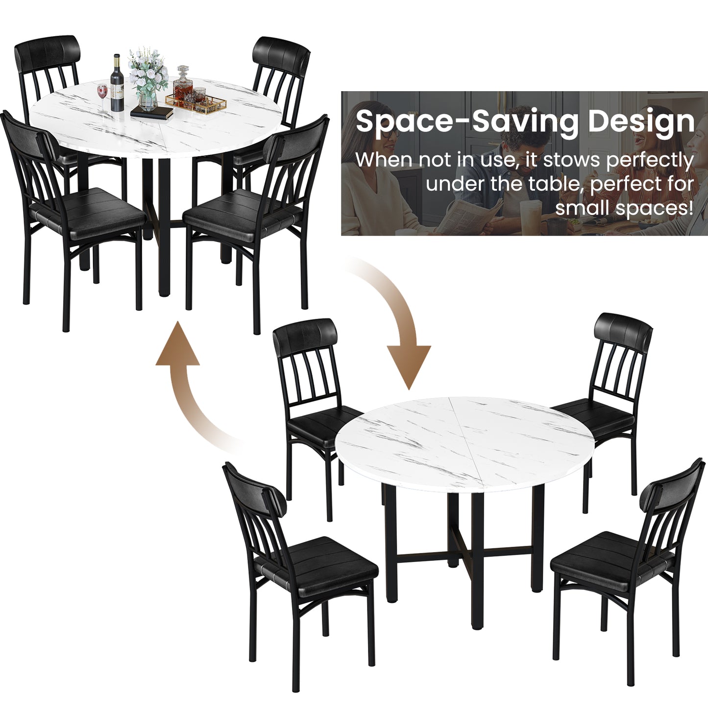 MIERES Round Dining Table Set for 4,Round Kitchen Table and Chairs Set for 4,Modern Dining Room Table Set with 4 Faux Leather Chairs,Round Dinner Table for Small Space,Walnut