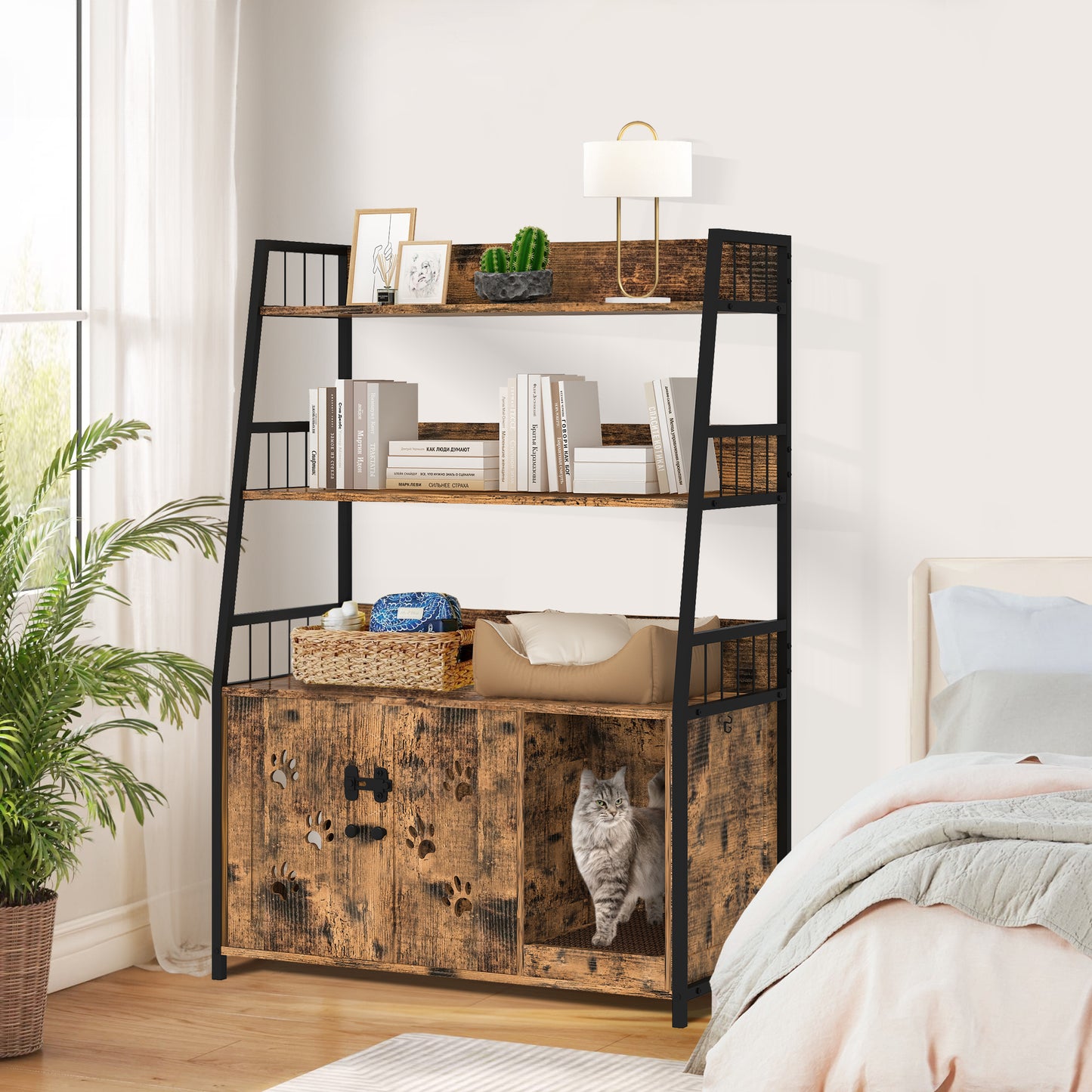 MIERES Large Cat Litter Box Enclosure with Shelf Storage, Hidden Cat Washroom Furniture, Wooden Cat House with Scratch Pad, Sturdy Indoor Cat Cabinet with 2 Doors, Rustic Brown
