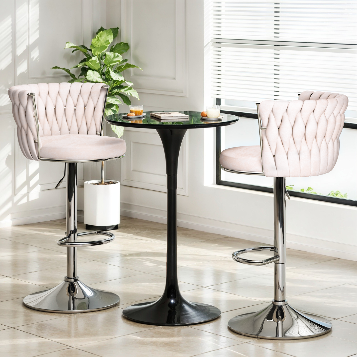 Mieres Velvet Bar Stools Set of 2/4, Adjustable Height Swivel Pub Chairs with Woven Back, Counter Height Dining Chairs with Footrest, 360° Rotating Kitchen Island Stools for Home & Bar