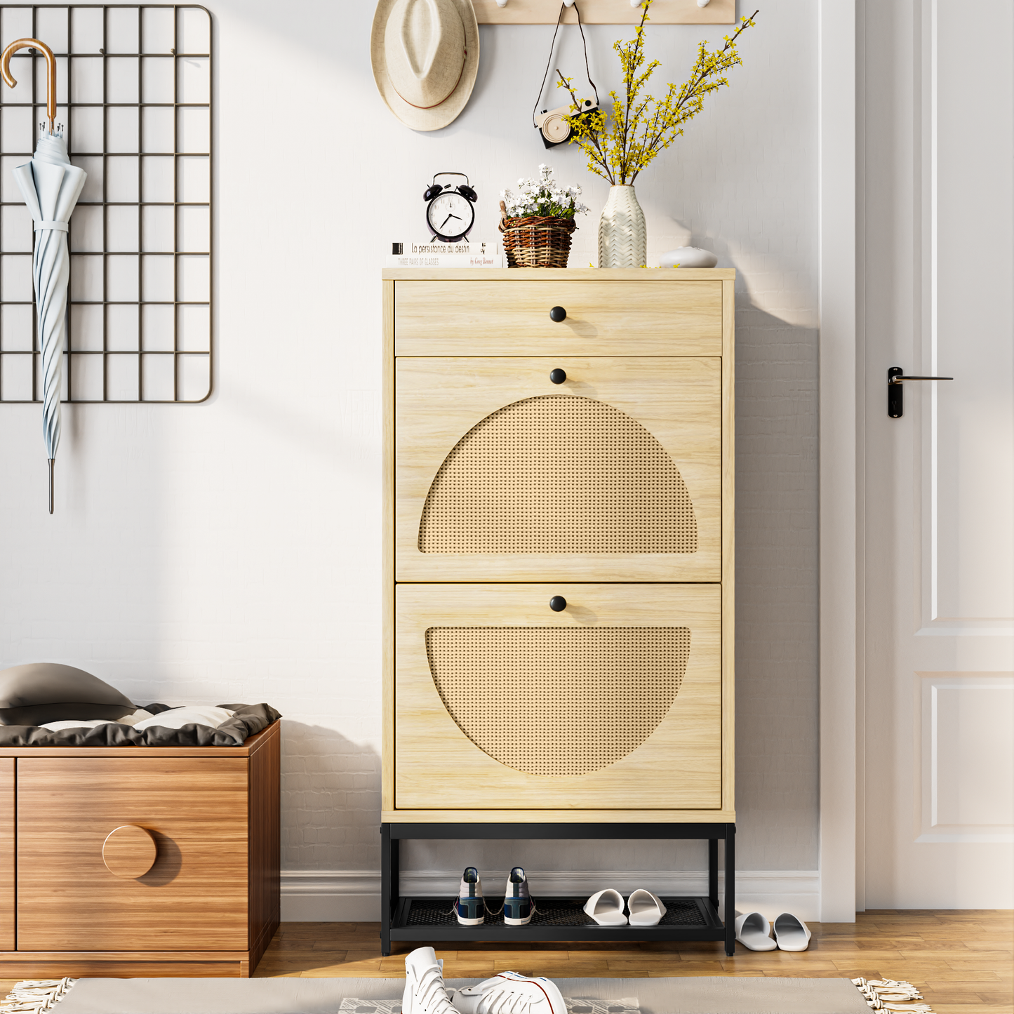 MIERES Natural Rattan Shoe Cabinet with 2 Flip Drawers and 1 Pull Drawer, Slim Shoe Storage Cabinet Entrance Hallway Free Standing Shoe Rack with Metal Frame for Sneaker, Sandal, Boot, Slipper
