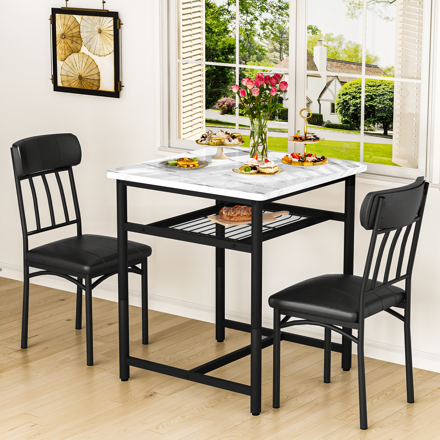 MIERES Square Dining Table Set for 2,Compact Bistro Table with Upholstered Chairs, Space Saving Kitchen Breakfast Nook, Built-in Storage Rack 3-Piece Modern Dining Set for Kitchen&Dining