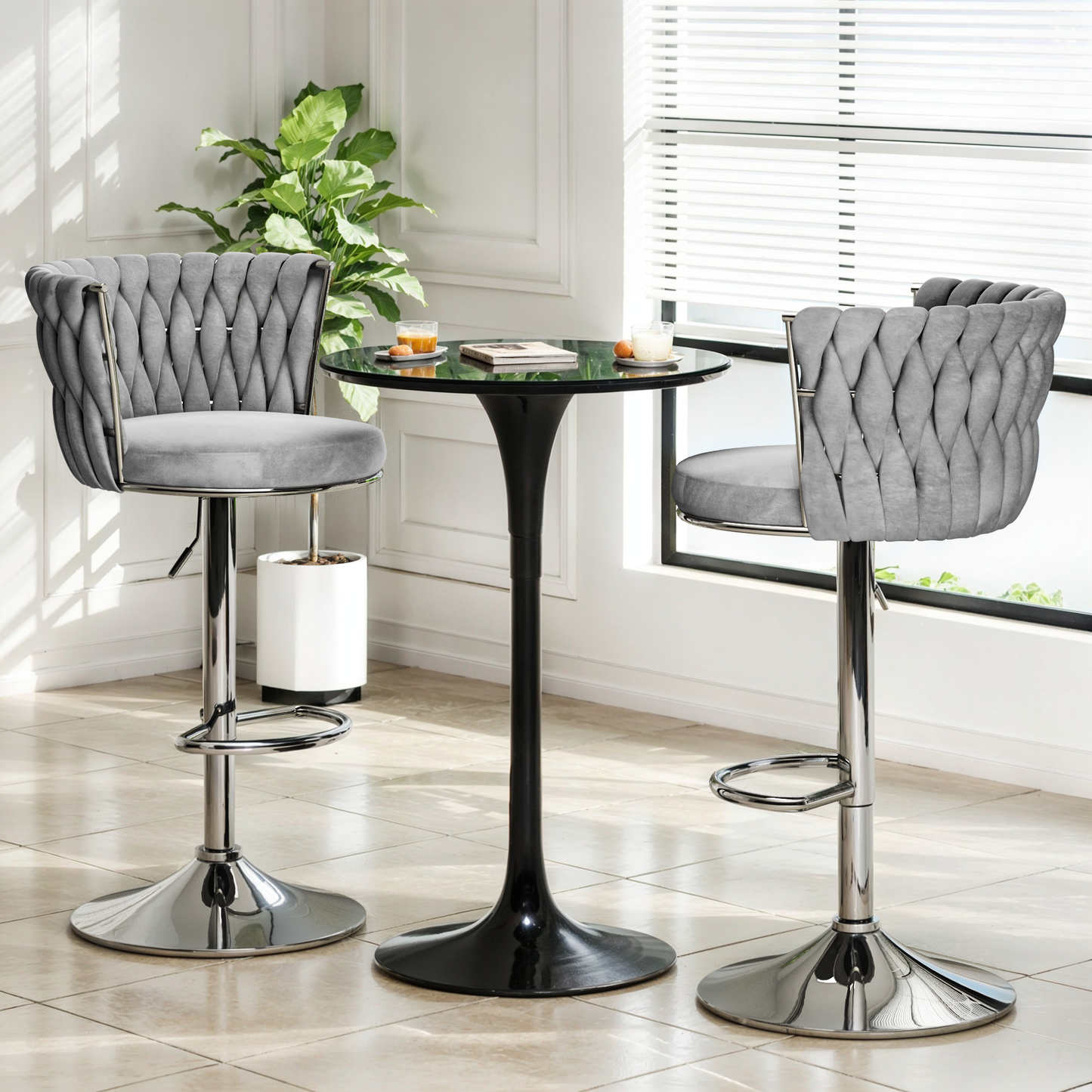 Mieres Velvet Bar Stools Set of 2/4, Adjustable Height Swivel Pub Chairs with Woven Back, Counter Height Dining Chairs with Footrest, 360° Rotating Kitchen Island Stools for Home & Bar