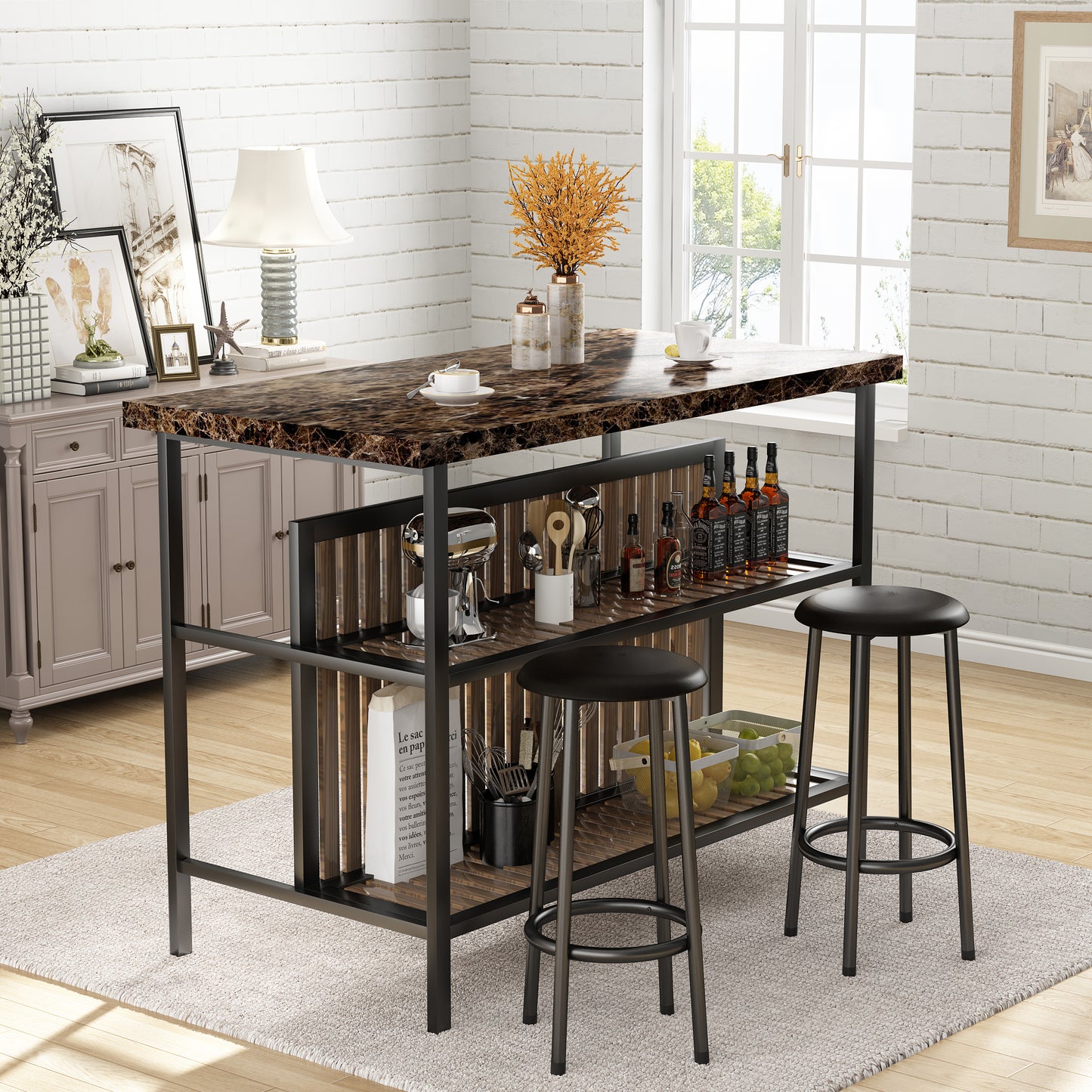 MIERES 48in Dining Table for 4-6, Dining Leisure Table with Storage Shelves, 1.8" Thick Top, Scratch-Resistant, Natural Wood Finish, Multi-Use for Dining Room Kitchen Office, Wood Finish