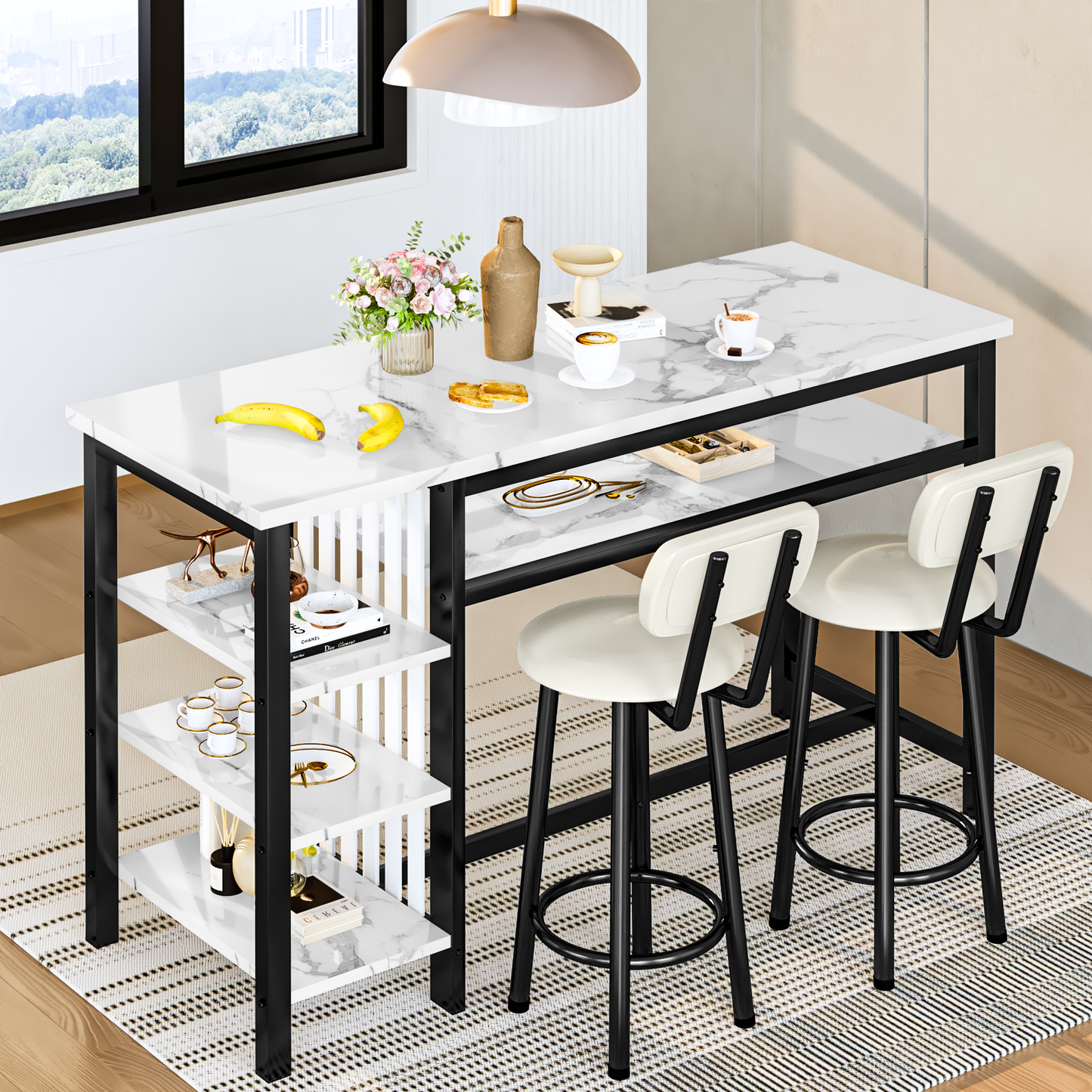 MIERES 3-Piece Bar Table and Chairs Set, Modern White Faux Marble Table with 2 PU Cushion Bar Stools, Kitchen Counter with 3 Tier Storage Shelves, Space Saving Table for Home & Kitchen, Black Frame