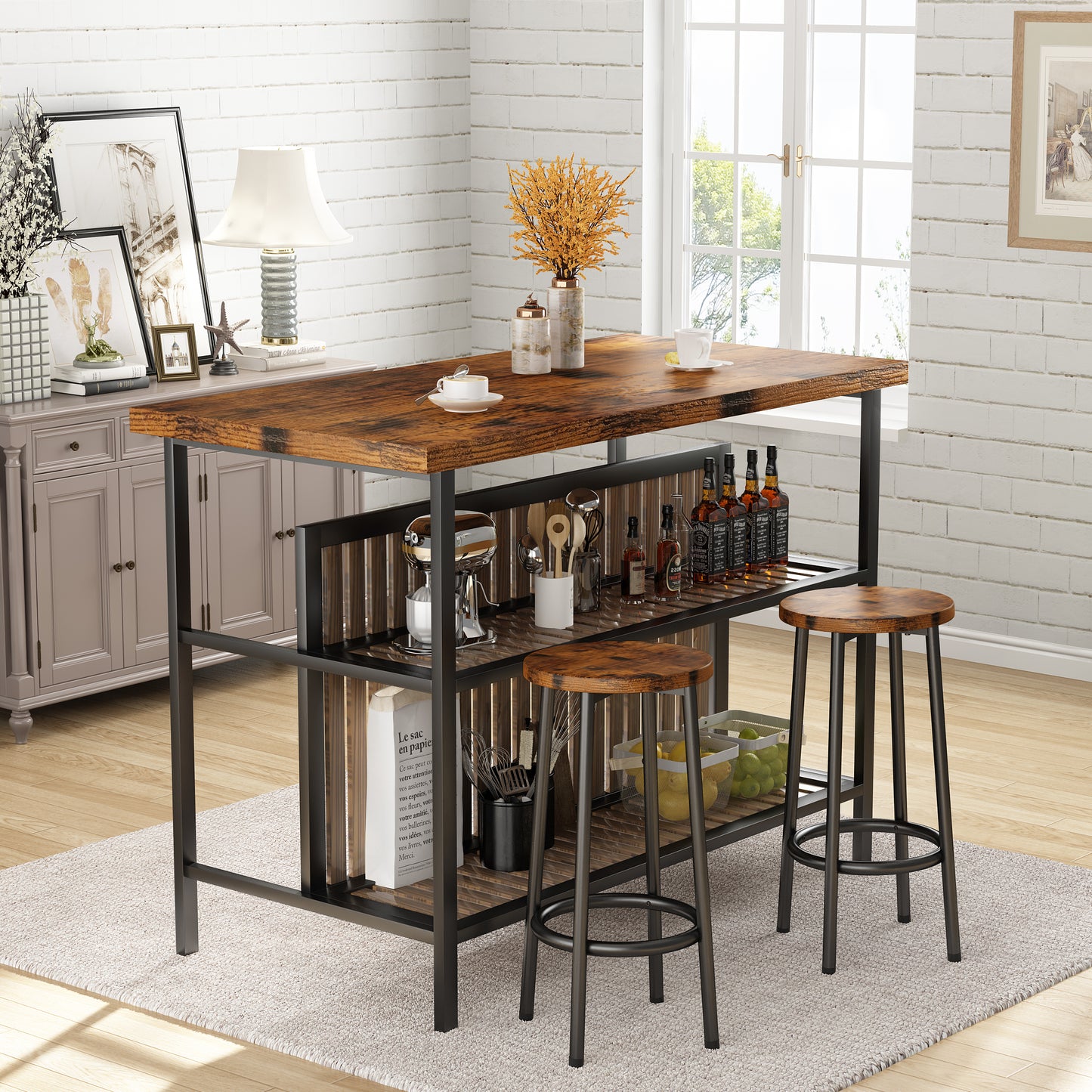 MIERES 48in Dining Table for 4-6, Dining Leisure Table with Storage Shelves, 1.8" Thick Top, Scratch-Resistant, Natural Wood Finish, Multi-Use for Dining Room Kitchen Office, Wood Finish