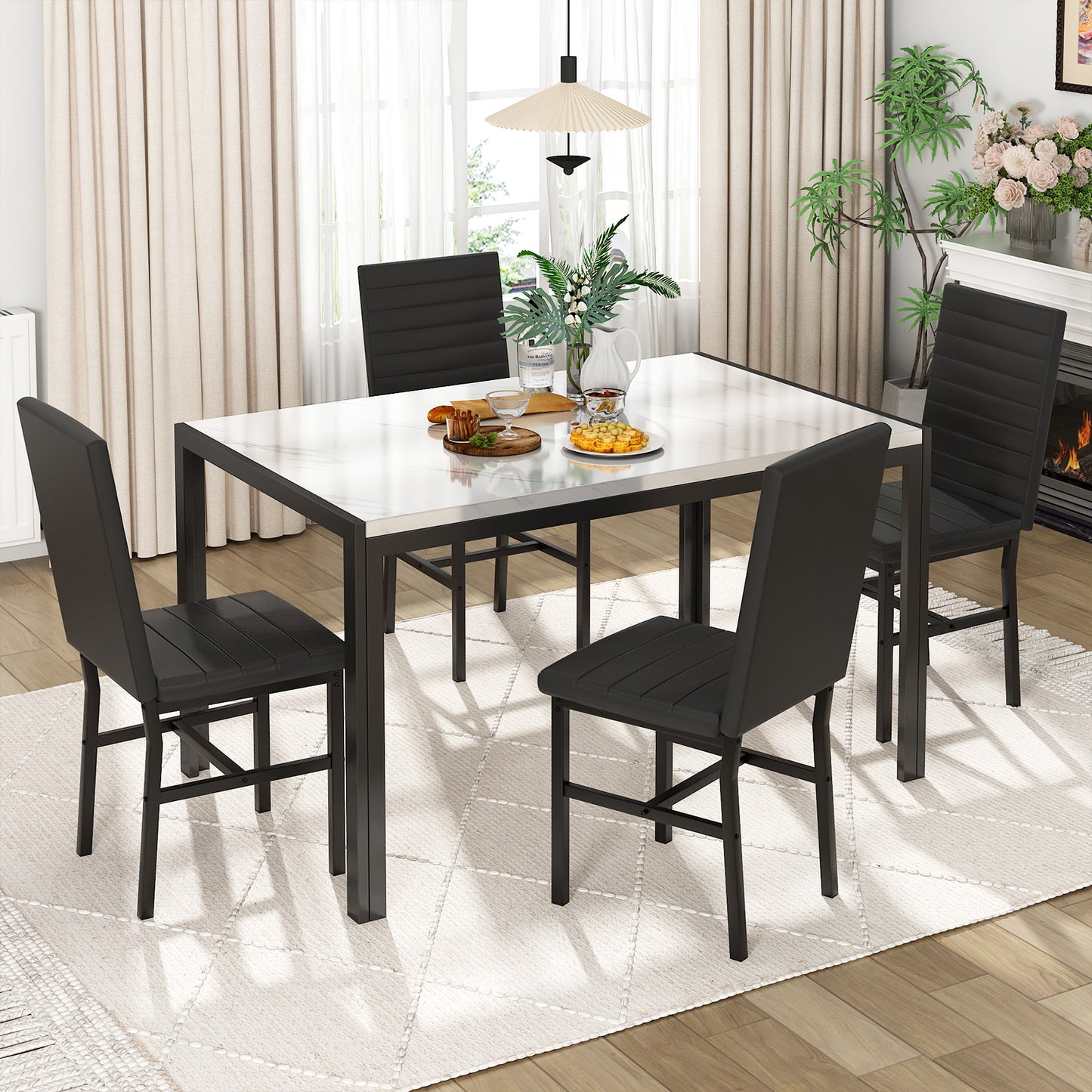 MIERES 4-Piece Dining Table Set for 4 - Faux Marble Kitchen Table with 4 PU Leather Chairs, Metal Frame, Easy Assembly, Small Space Friendly, Modern White & Black Dining Room Set