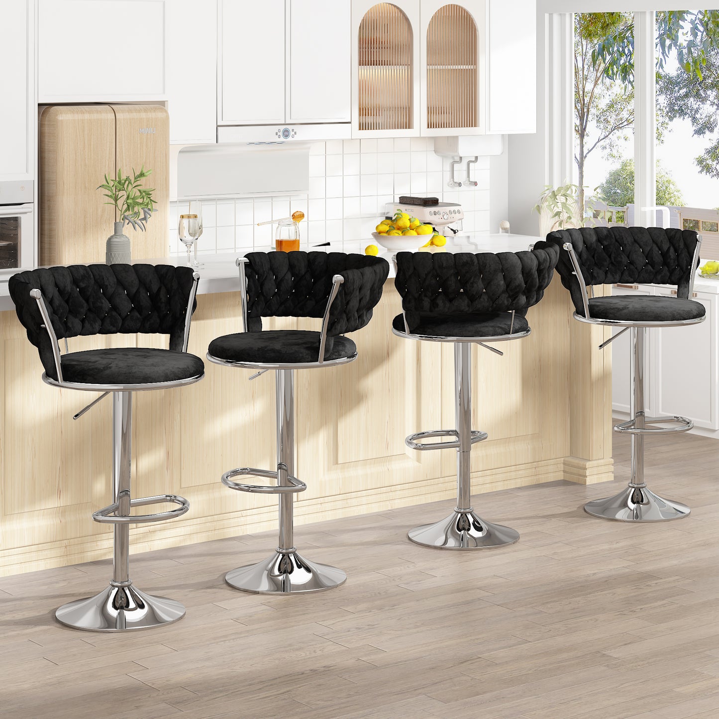 MIERES Backrest Hollow Bar Chair Set of 2/4, Adjustable Height Swivel Pub Chairs with Woven Back, Counter Height Dining Chairs with Footrest, 360° Rotating Kitchen Island Stools for Home & Bar