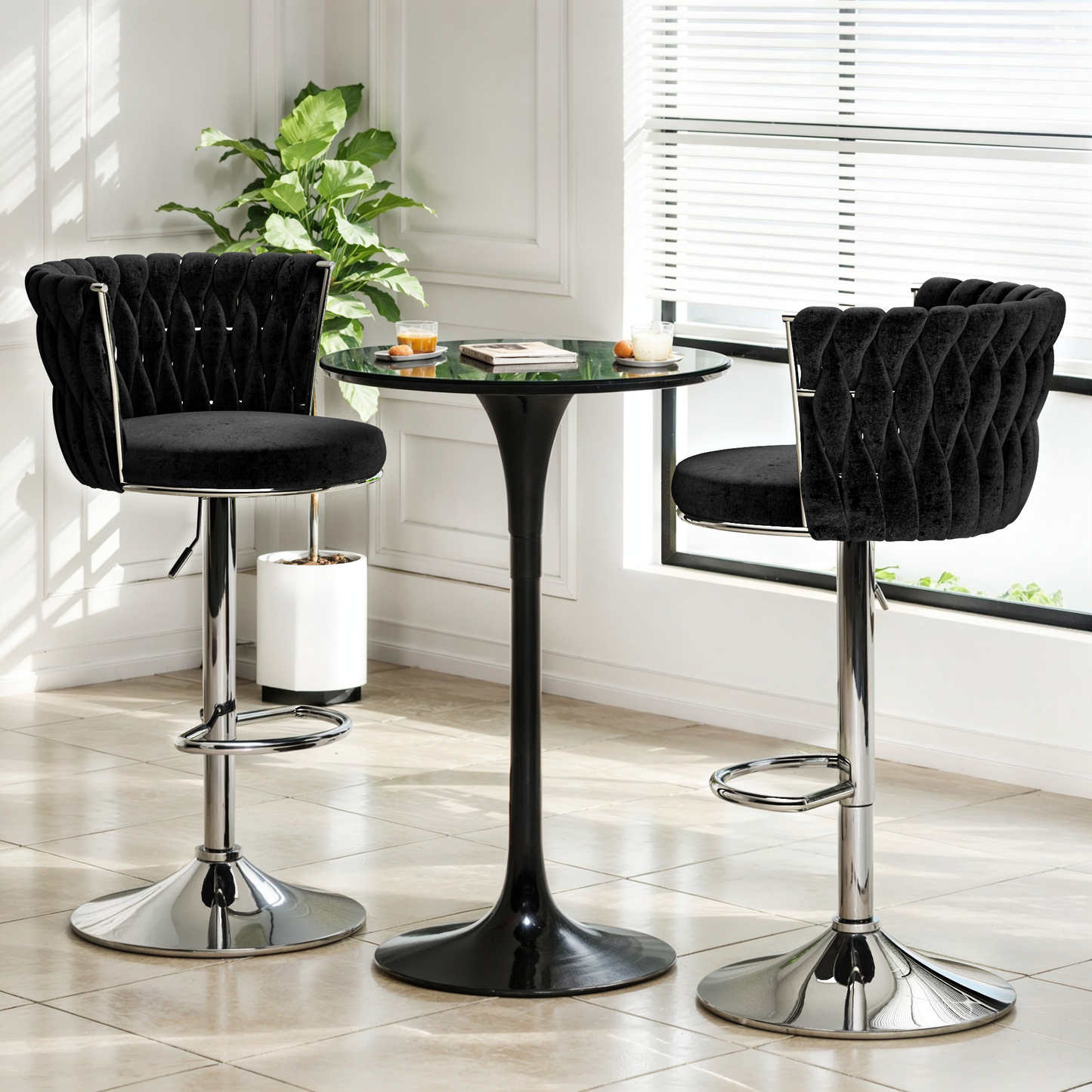 Mieres Velvet Bar Stools Set of 2/4, Adjustable Height Swivel Pub Chairs with Woven Back, Counter Height Dining Chairs with Footrest, 360° Rotating Kitchen Island Stools for Home & Bar