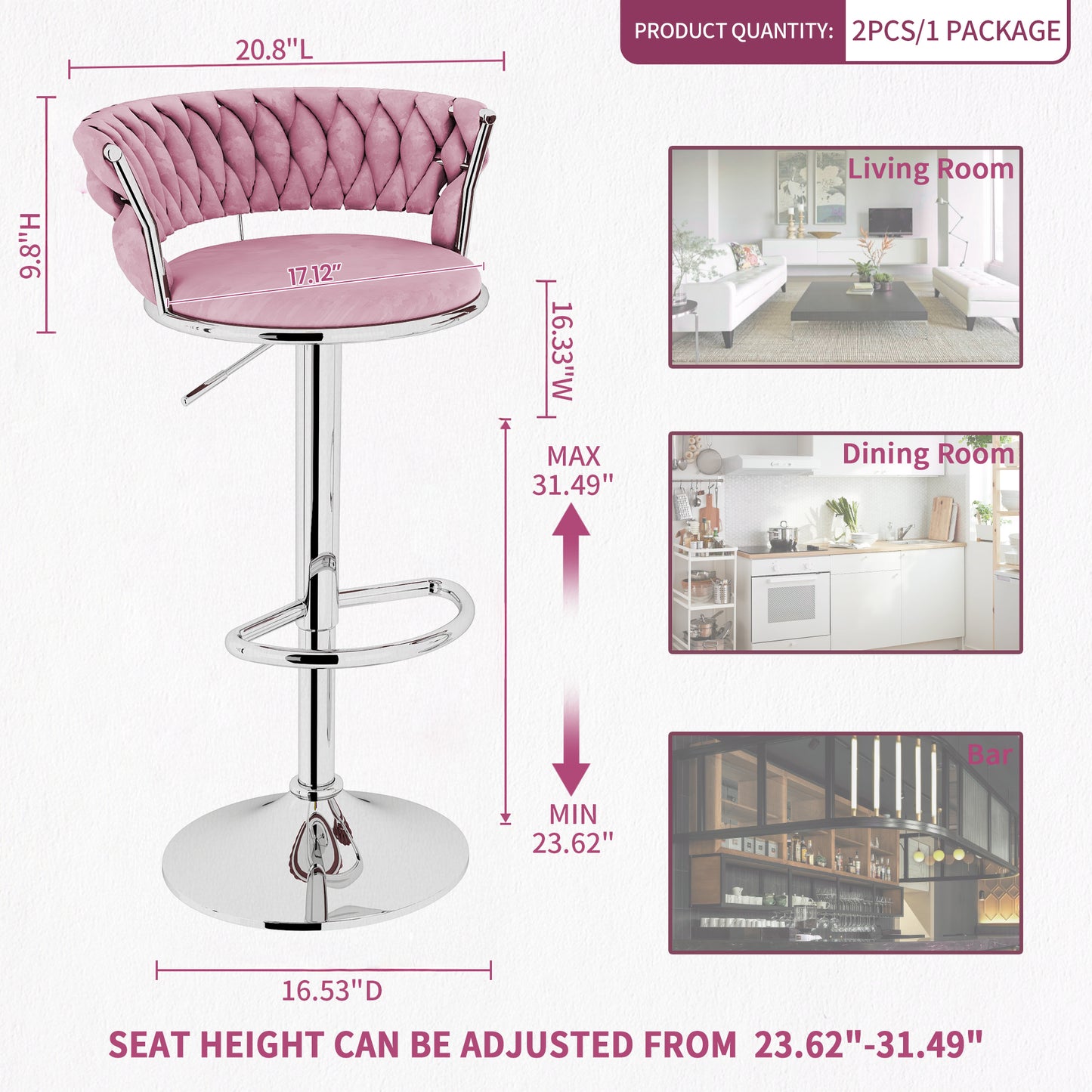 MIERES Backrest Hollow Bar Chair Set of 2/4, Adjustable Height Swivel Pub Chairs with Woven Back, Counter Height Dining Chairs with Footrest, 360° Rotating Kitchen Island Stools for Home & Bar