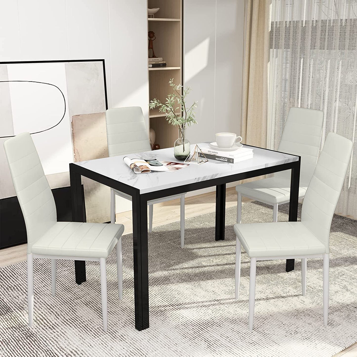 MIERES 4-Piece Dining Table Set for 4 - Faux Marble Kitchen Table with 4 PU Leather Chairs, Metal Frame, Easy Assembly, Small Space Friendly, Modern White & Black Dining Room Set
