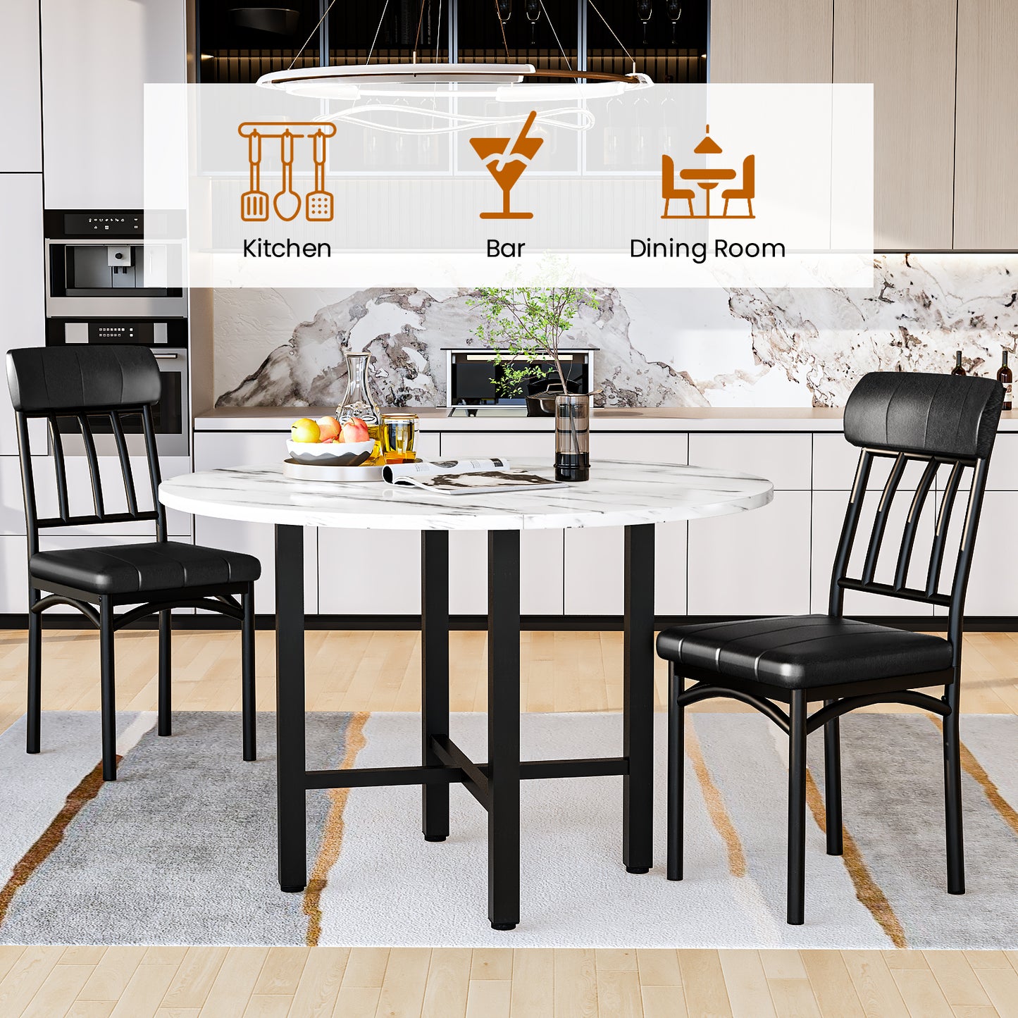MIERES Round Dining Table Set for 4,Round Kitchen Table and Chairs Set for 4,Modern Dining Room Table Set with 4 Faux Leather Chairs,Round Dinner Table for Small Space,Walnut