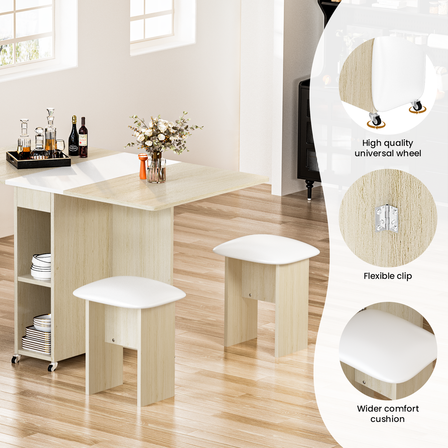 MIERES Folding Dining Table Set for 4, Dinner Table with 4 Leather Chairs and Shelves, Space Saving Foldable Dining Table with 6 Wheels, Kitchen Table Set for Small Spaces