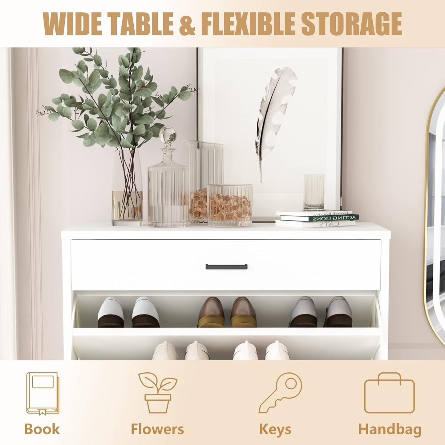 MIERES Shoe Storage Cabinet for Entryway, Free Standing Shoe Organizer with 2 Flip Drawers，Hidden Shoe Rack Storage Organizer for Doorway Hallway Closet, White