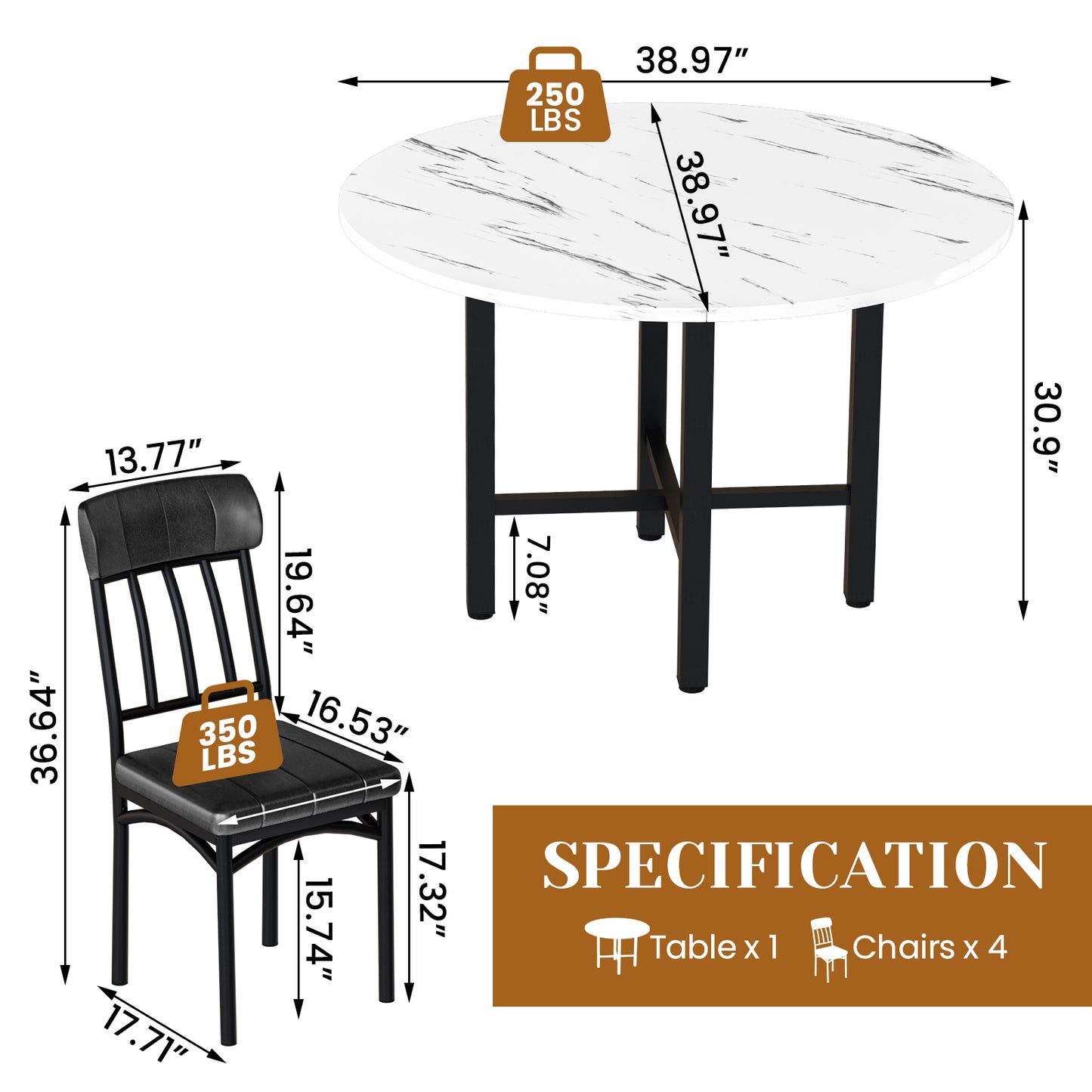 MIERES Round Dining Table Set for 4,Round Kitchen Table and Chairs Set for 4,Modern Dining Room Table Set with 4 Faux Leather Chairs,Round Dinner Table for Small Space,Walnut