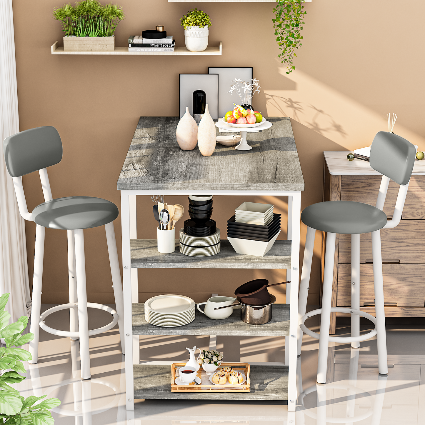 MIERES 2-Person Dining Set, 3-Piece Bar Table and Chair Set, Kitchen Counter-Height Dining Table Set, Compact Kitchen Dining Table with Storage, Small Space Breakfast Set